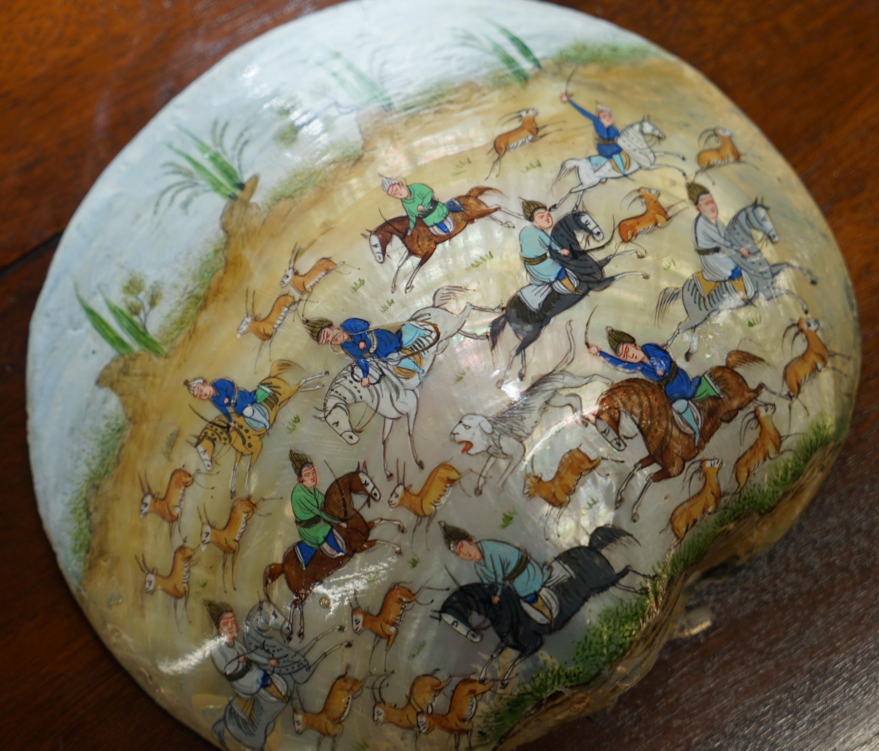 Mother-of-Pearl Tang Dynasty Deer Hunting 18th Century Chinese Painted Mother of Pearl Shell