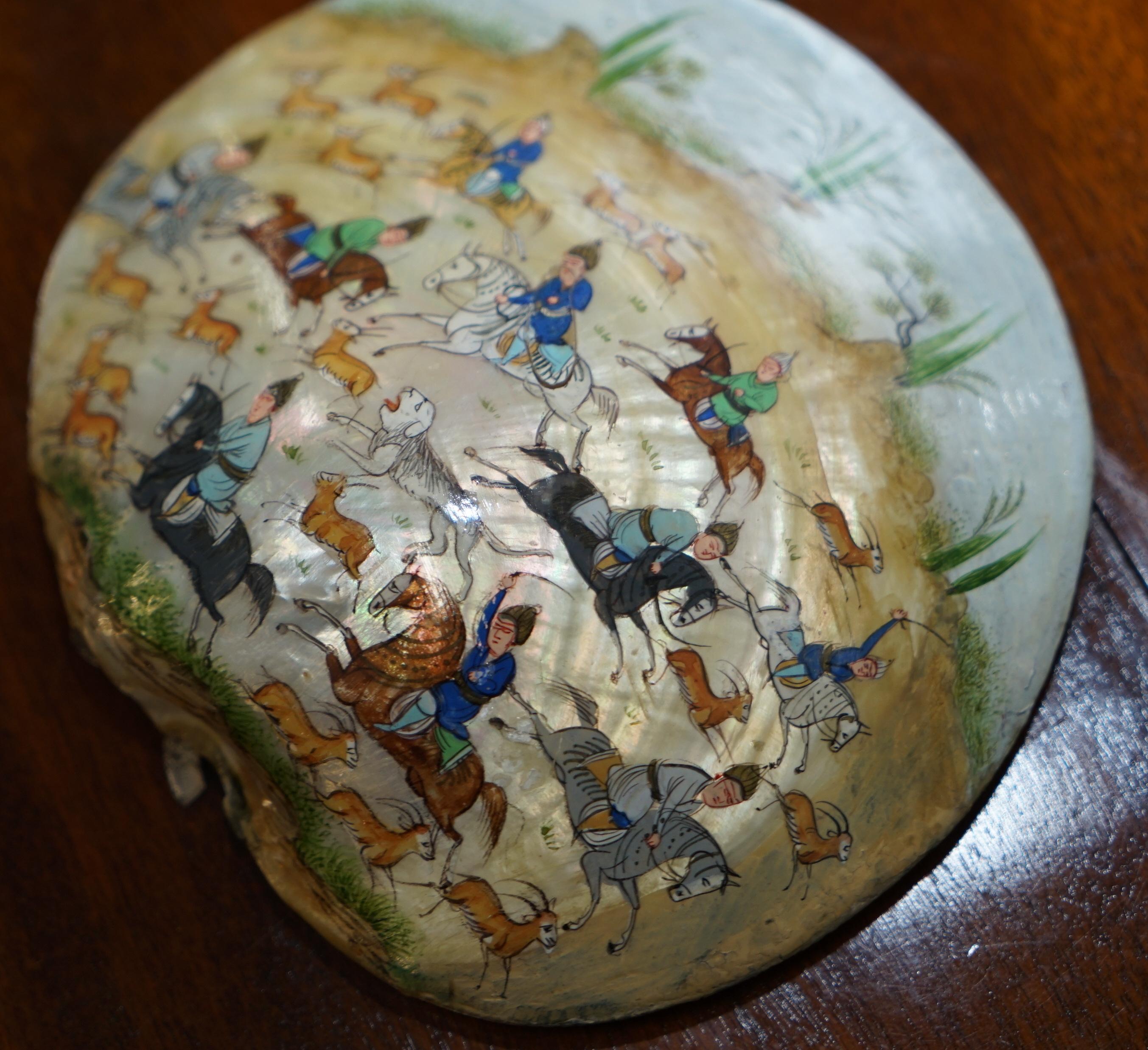 Tang Dynasty Deer Hunting 18th Century Chinese Painted Mother of Pearl Shell 1