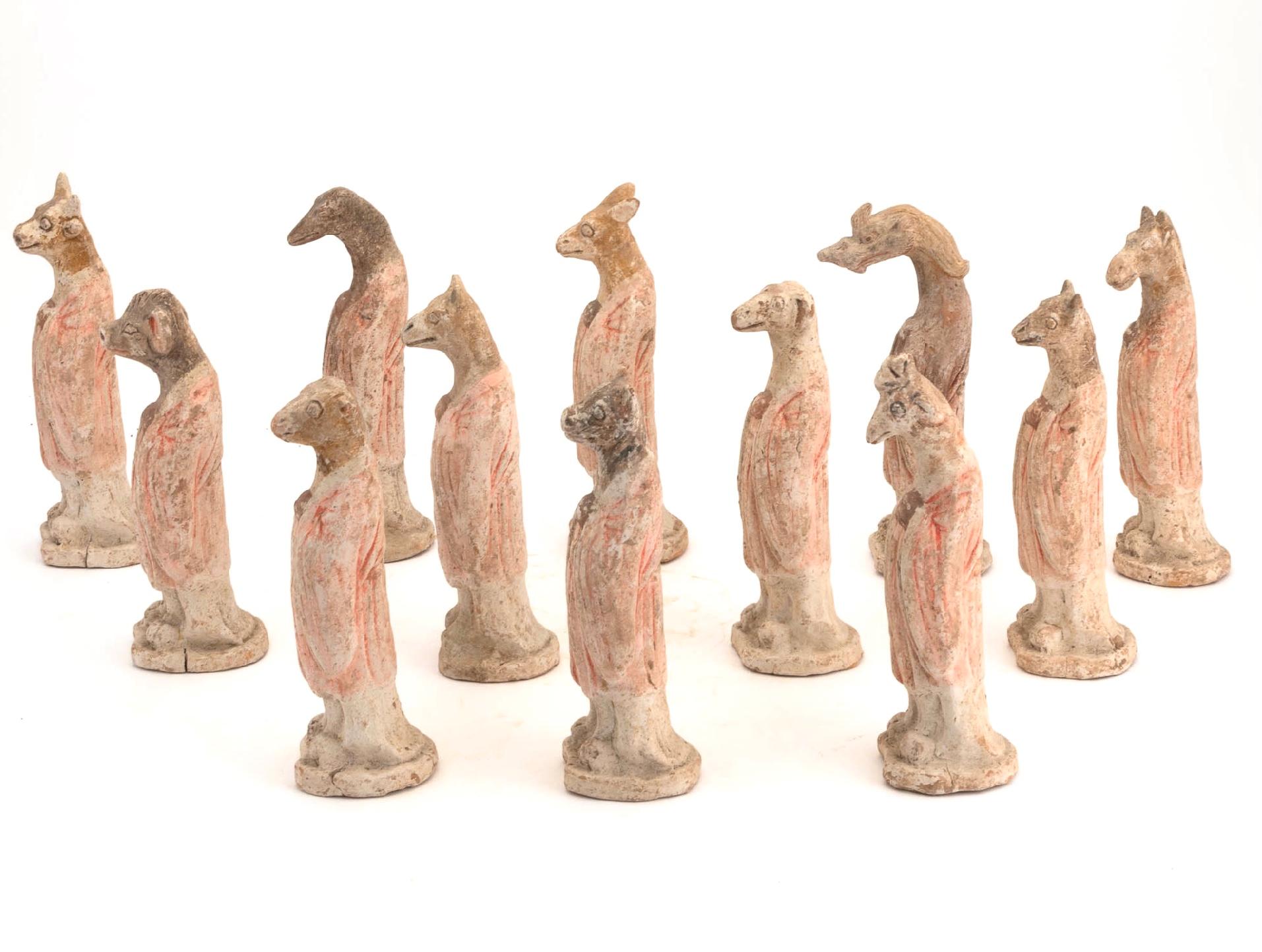 Tang Dynasty Full Set Of Painted Pottery Zodiac Figures (TL tested)

The Thermoluminescence Report (Item #185404) will accompany this sale.

A Rare Set of Chinese Pottery Zodiac Figures from the Tang Dynasty painted with black and orange pigments.
