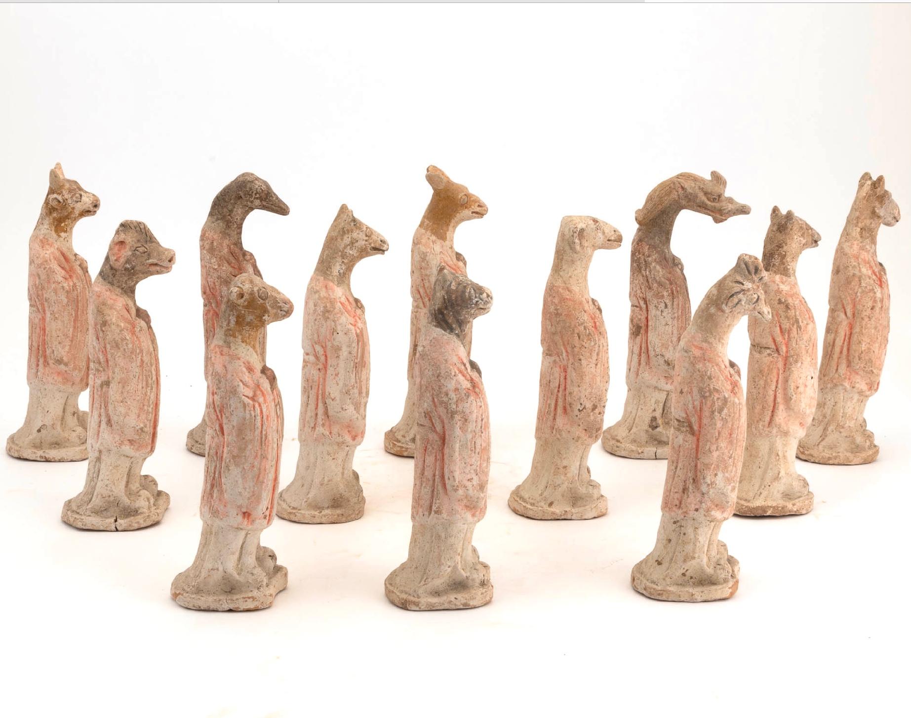 Hand-Crafted Tang Dynasty Full Set Of Painted Pottery Zodiac Figures TL tested For Sale