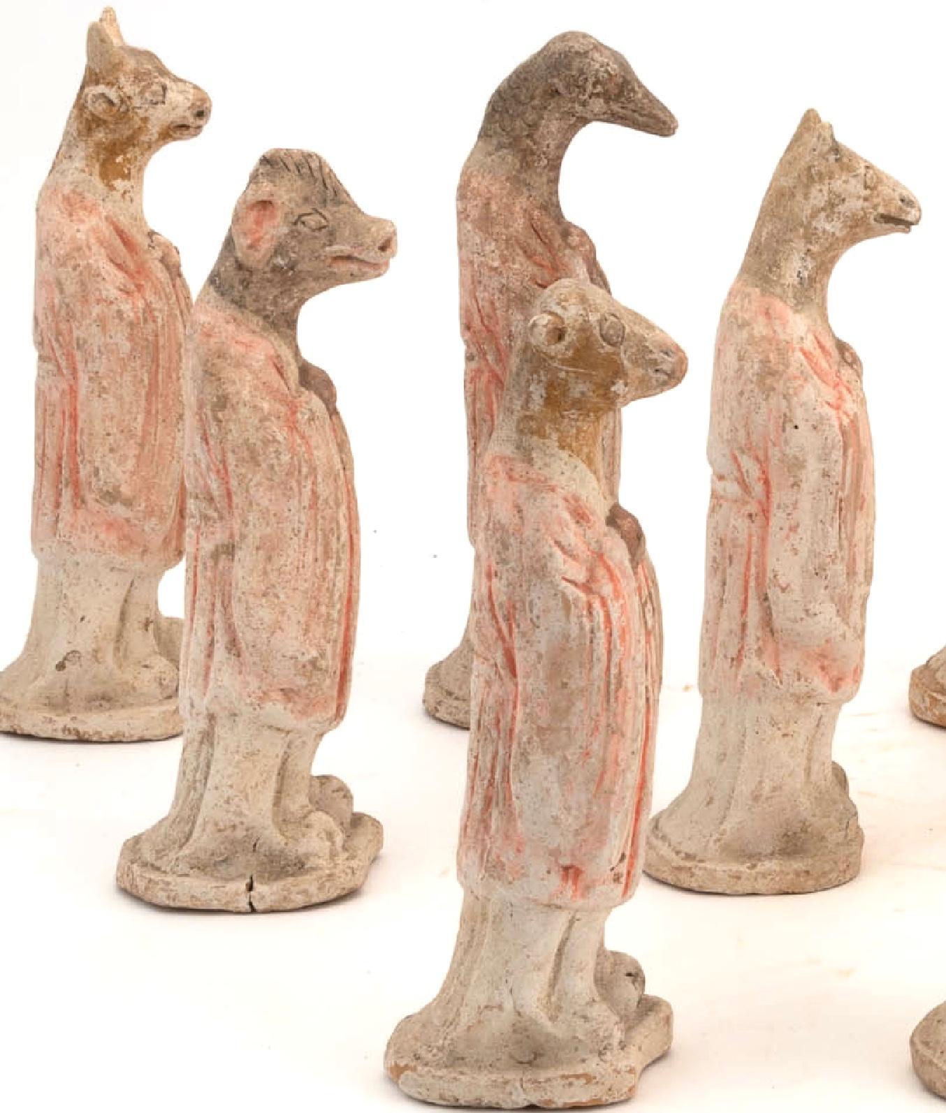 18th Century and Earlier Tang Dynasty Full Set Of Painted Pottery Zodiac Figures TL tested For Sale