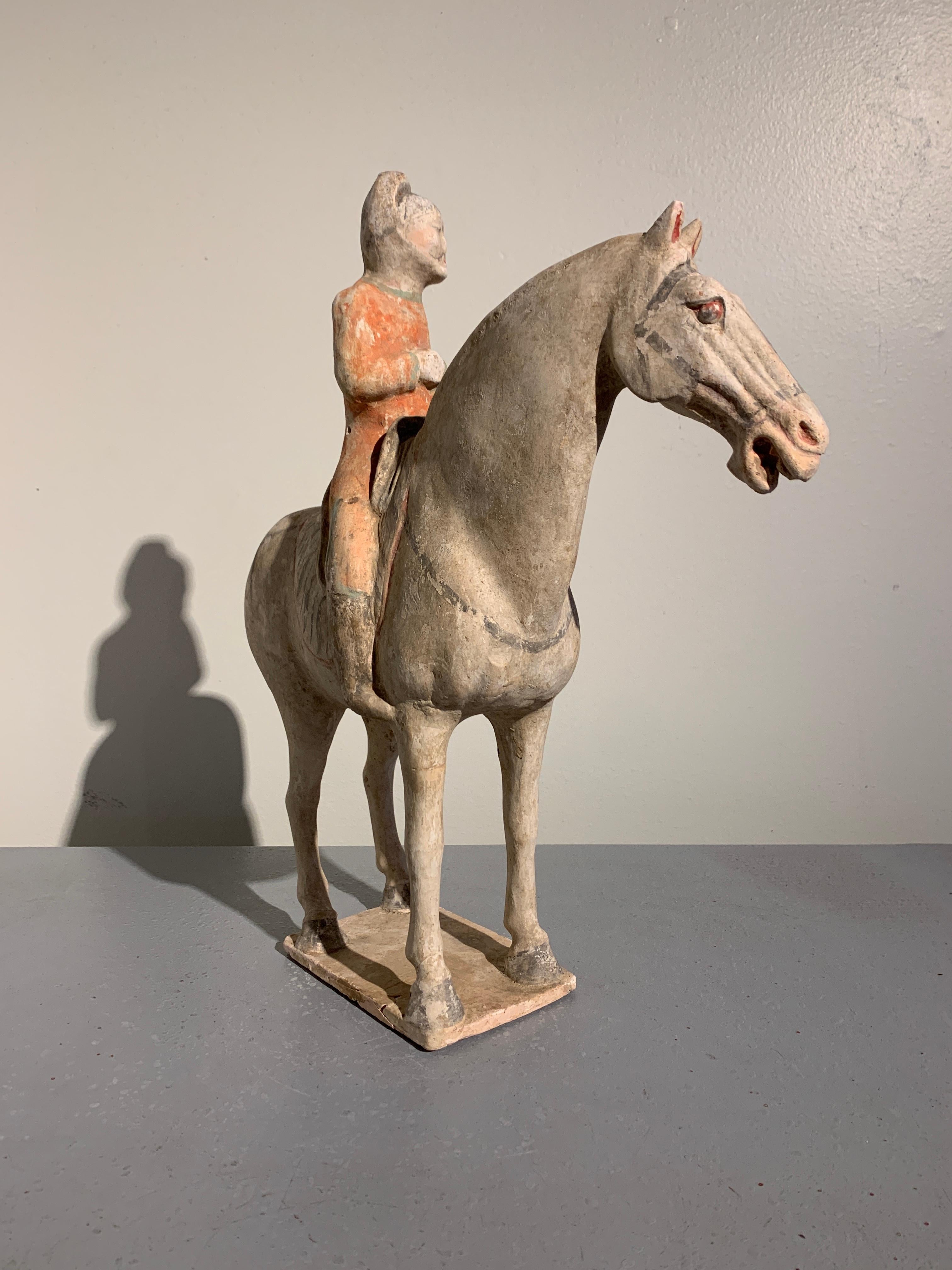 Cheval et cavalier de la dynastie Tang:: poterie peinte:: vers le 9e siècle:: Chine Bon état à Austin, TX