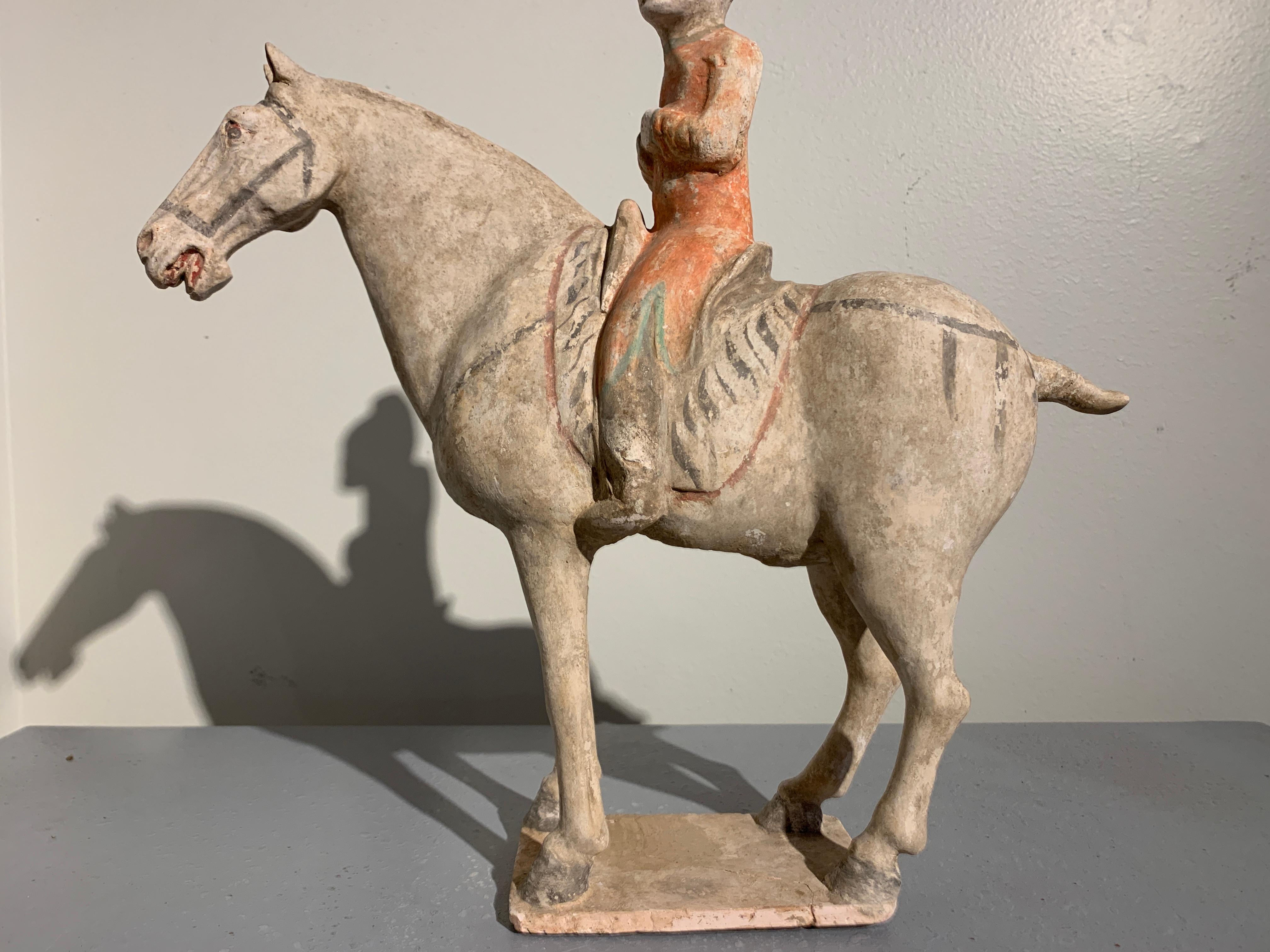 Tang Dynasty Horse and Rider, Painted Pottery, circa 9th Century, China In Good Condition In Austin, TX