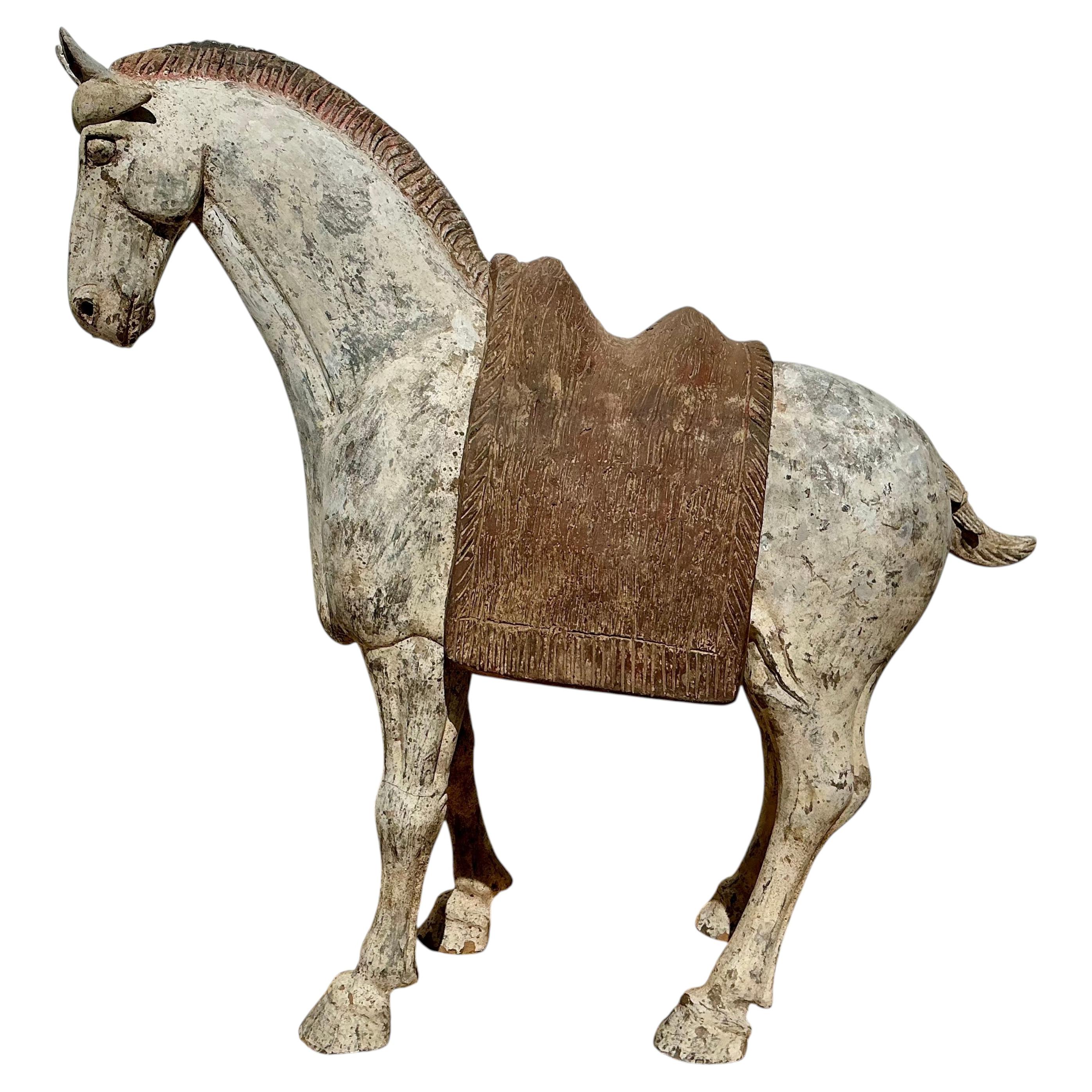 Tang Dynasty Large Pottery Polychromed Horse With Saddle For Sale