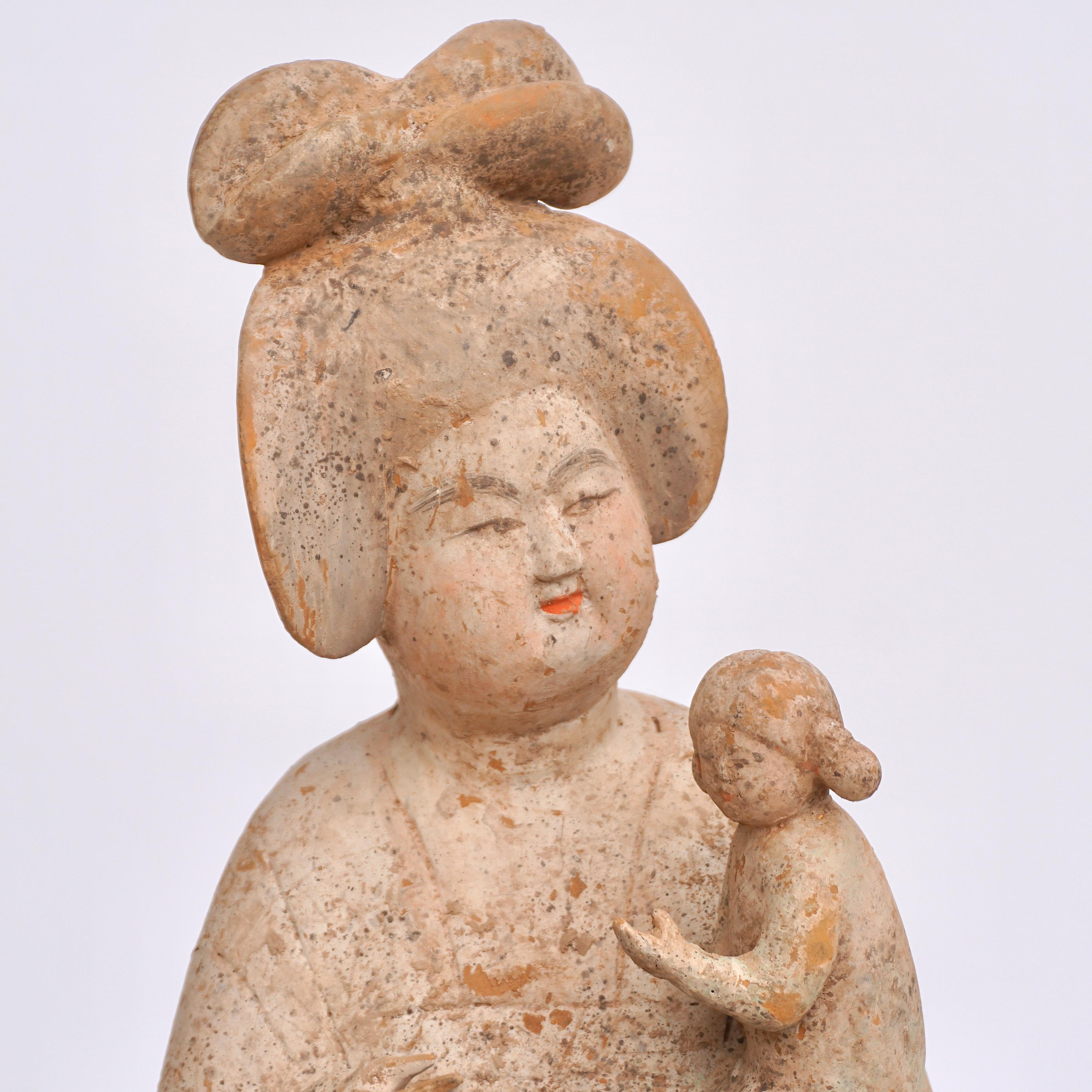 Tang Dynasty Painted Pottery Figure of a Fat Lady and Child For Sale 2