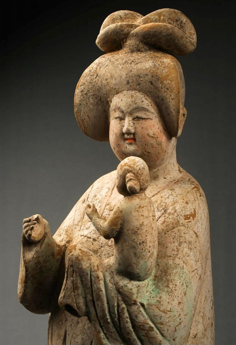 Fired Tang Dynasty Painted Pottery Figure of a Fat Lady and Child For Sale