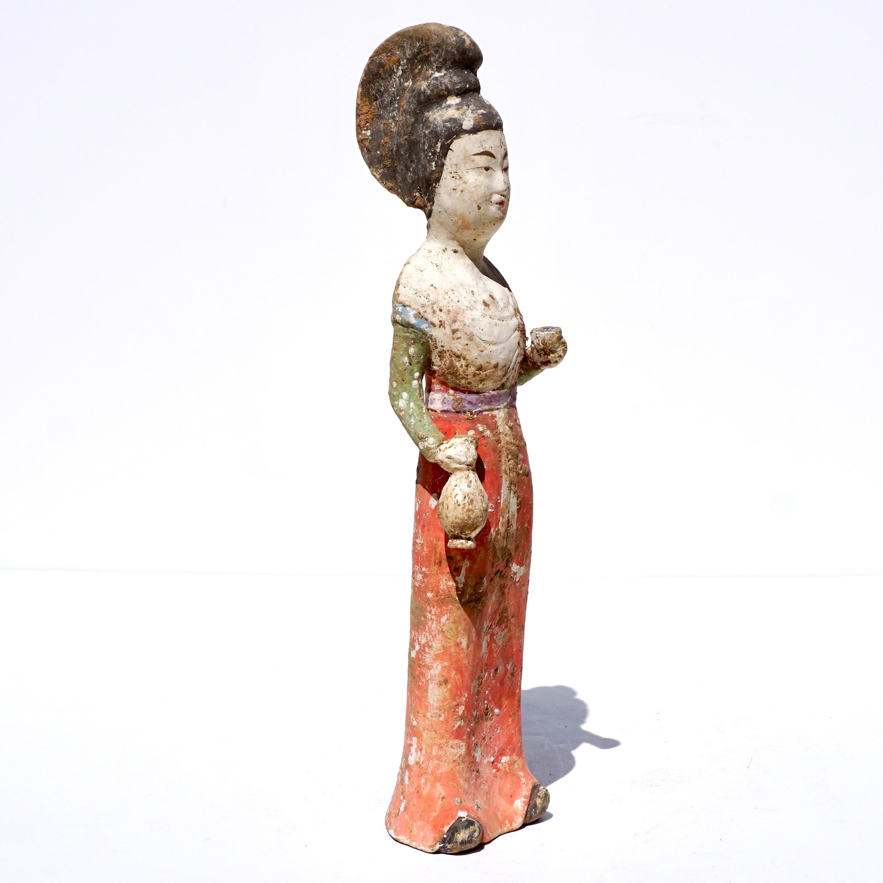 Chinese Tang Dynasty Painted Terracotta Female Court Attendant For Sale