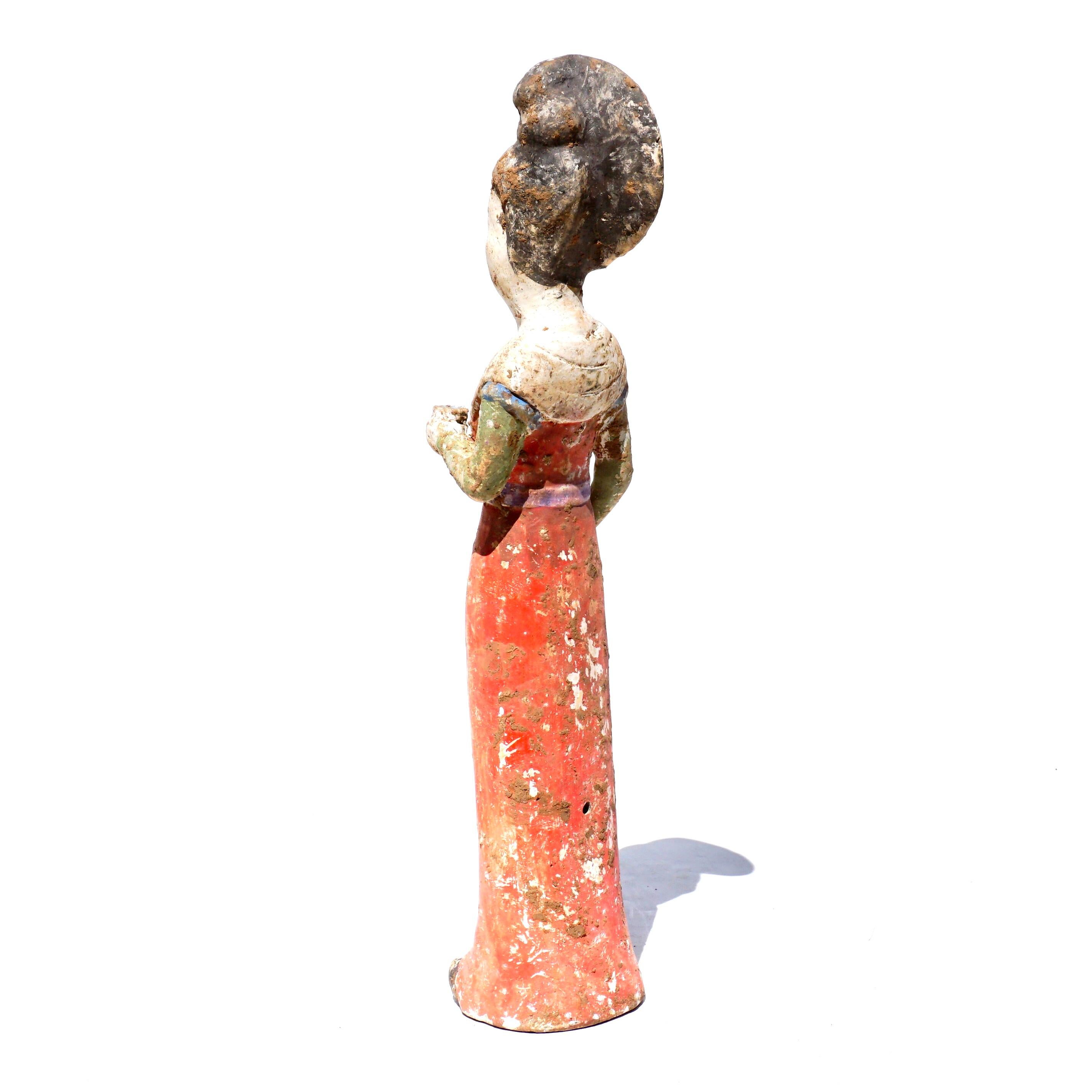 Hand-Crafted Tang Dynasty Painted Terracotta Female Court Attendant For Sale