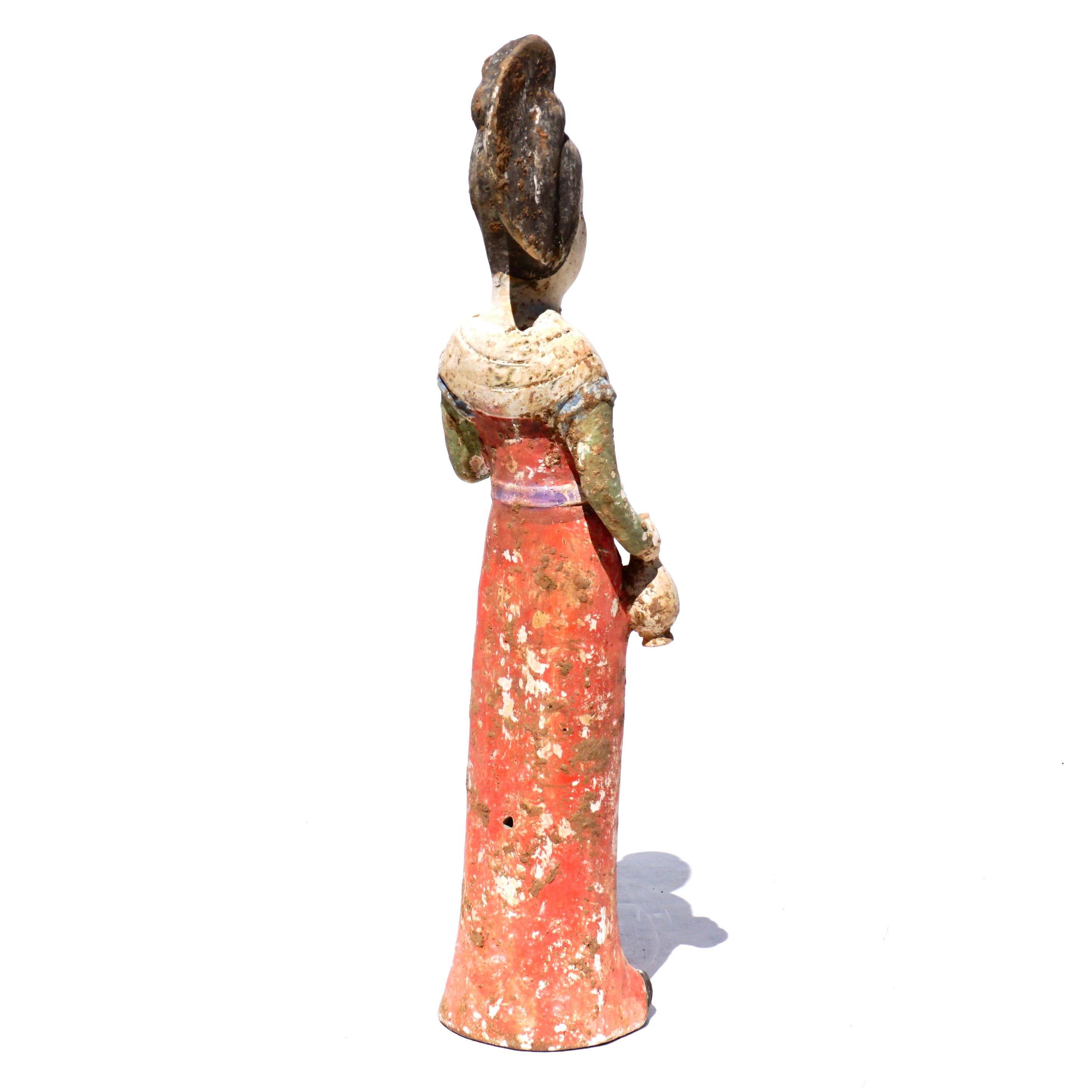 18th Century and Earlier Tang Dynasty Painted Terracotta Female Court Attendant For Sale