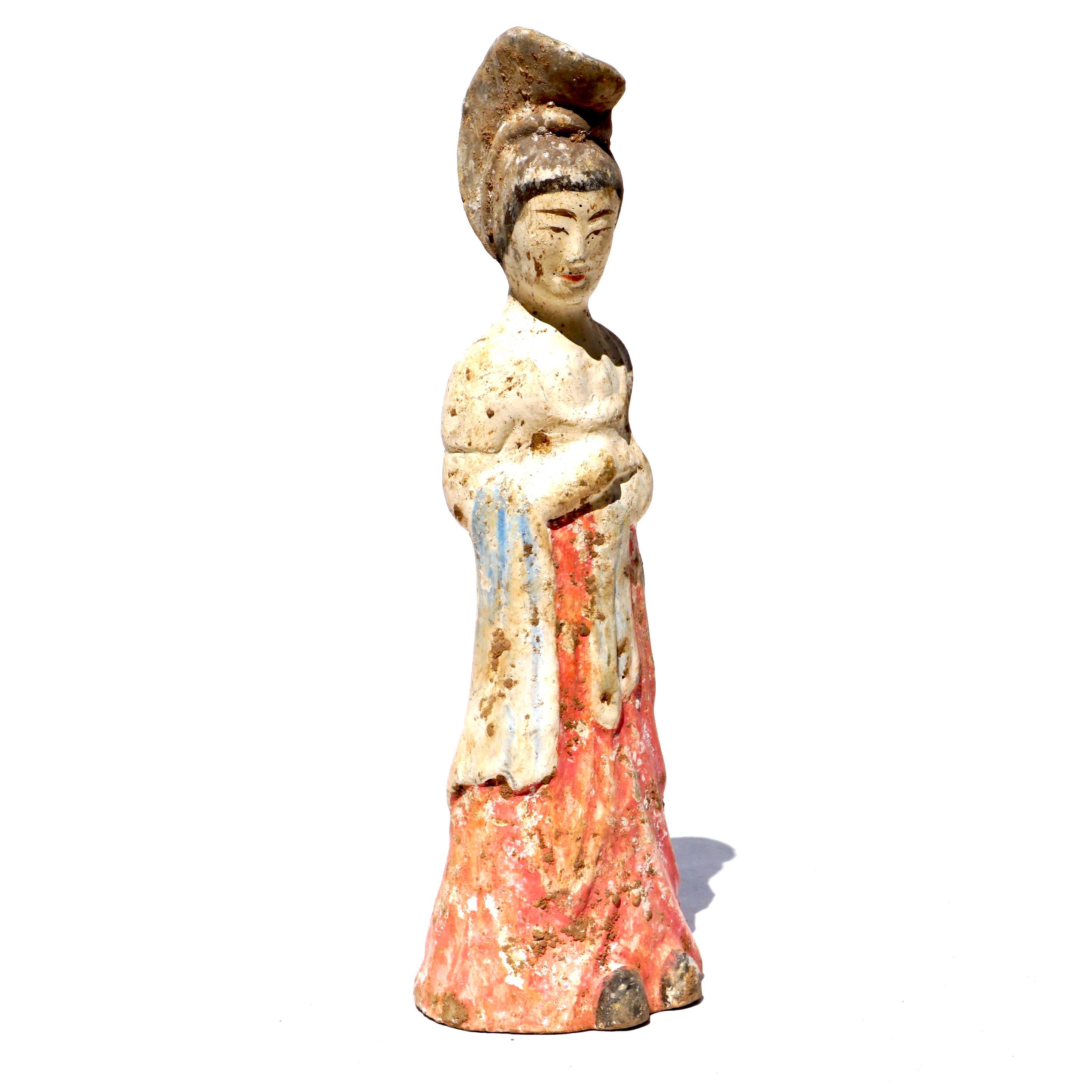 Chinese Tang Dynasty Paited Terracotta Female Attendant For Sale