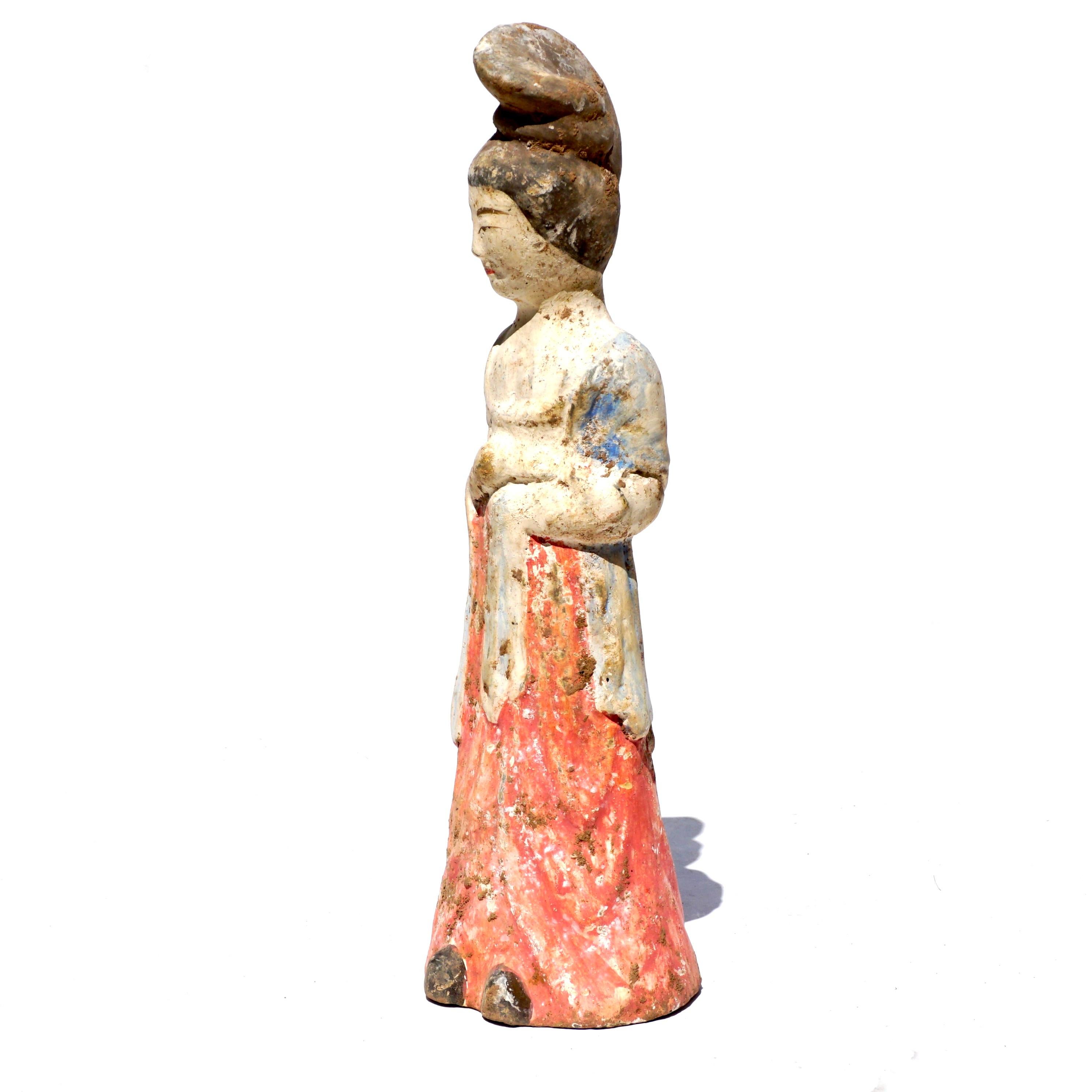 Hand-Crafted Tang Dynasty Paited Terracotta Female Attendant For Sale