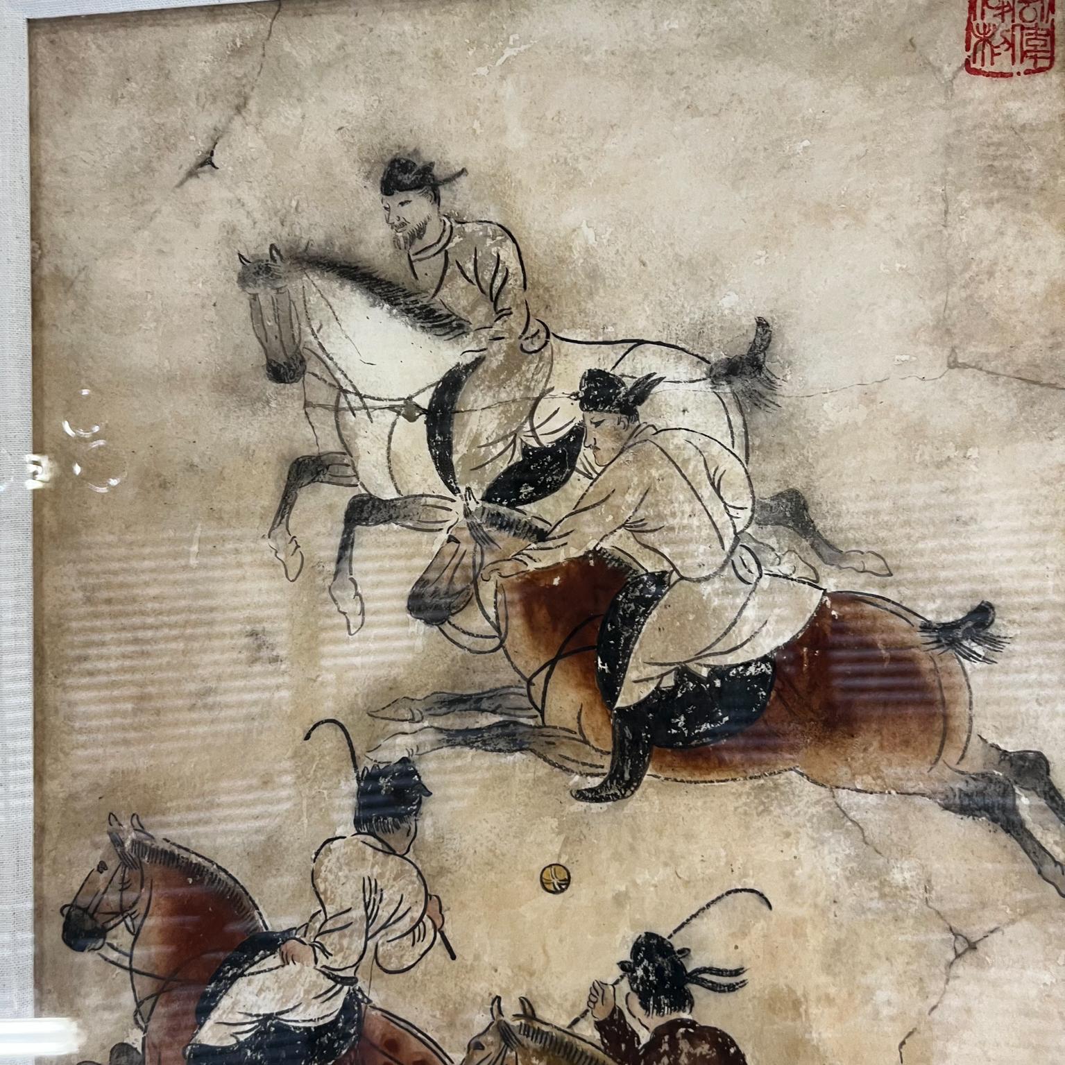 Mid-Century Modern Chinese Tang Dynasty Polo Players Ink Wash Art on Handmade Paper For Sale