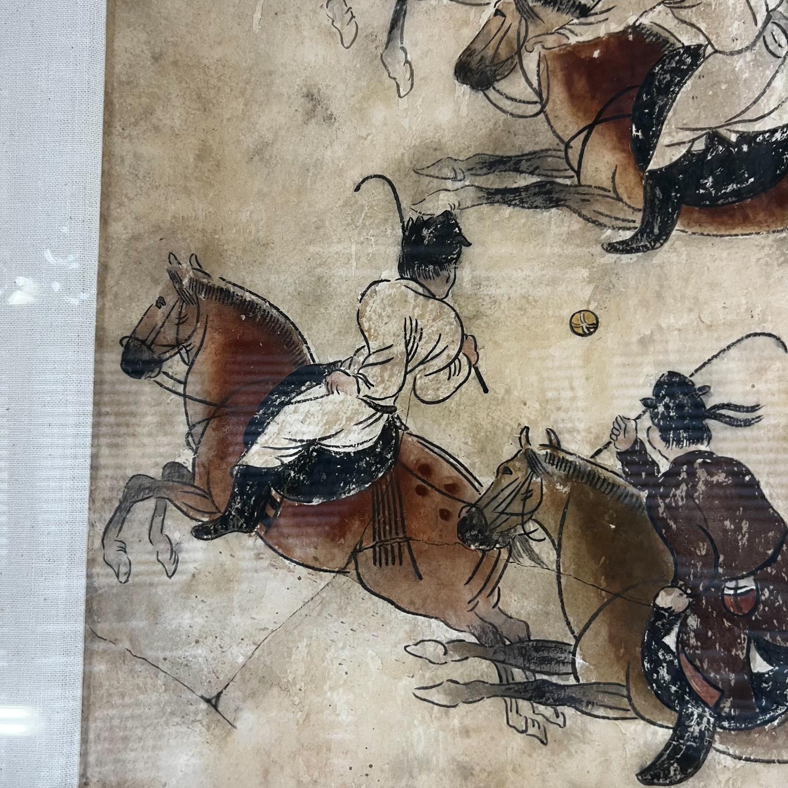 20th Century Chinese Tang Dynasty Polo Players Ink Wash Art on Handmade Paper For Sale