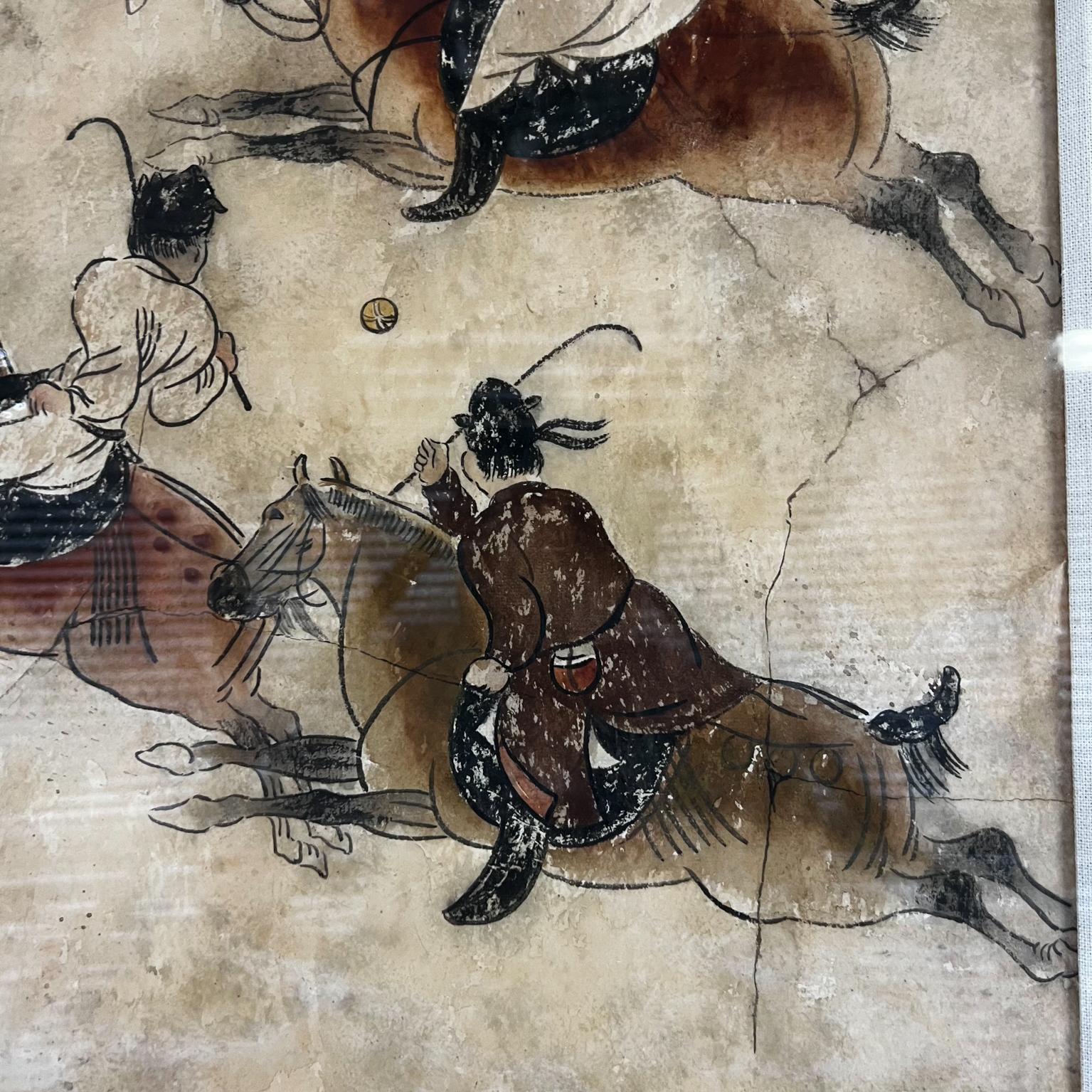 Paint Chinese Tang Dynasty Polo Players Ink Wash Art on Handmade Paper For Sale