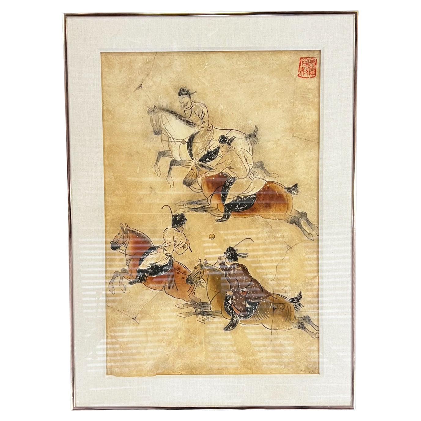 Tang Dynasty Polo Players Chinese Figurative Ink Wash Painting Handmade Paper