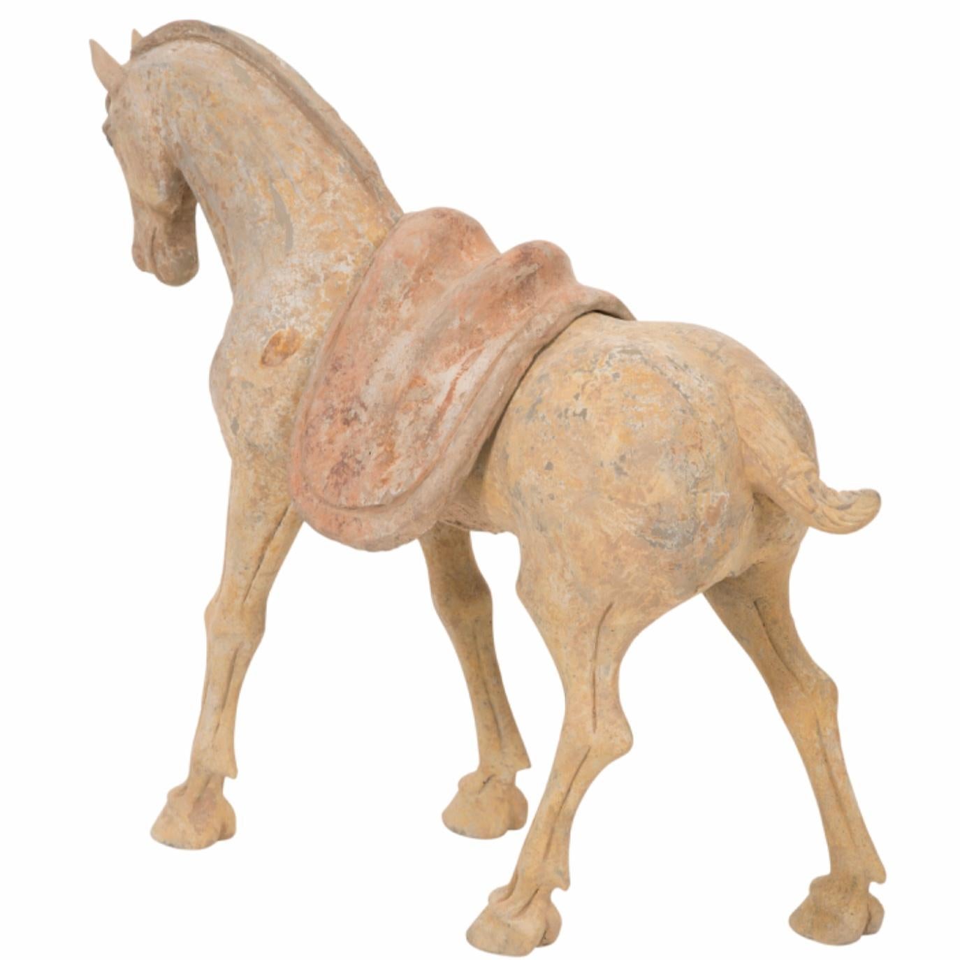 Hand-Crafted Tang Dynasty Pottery Horse With Saddle For Sale