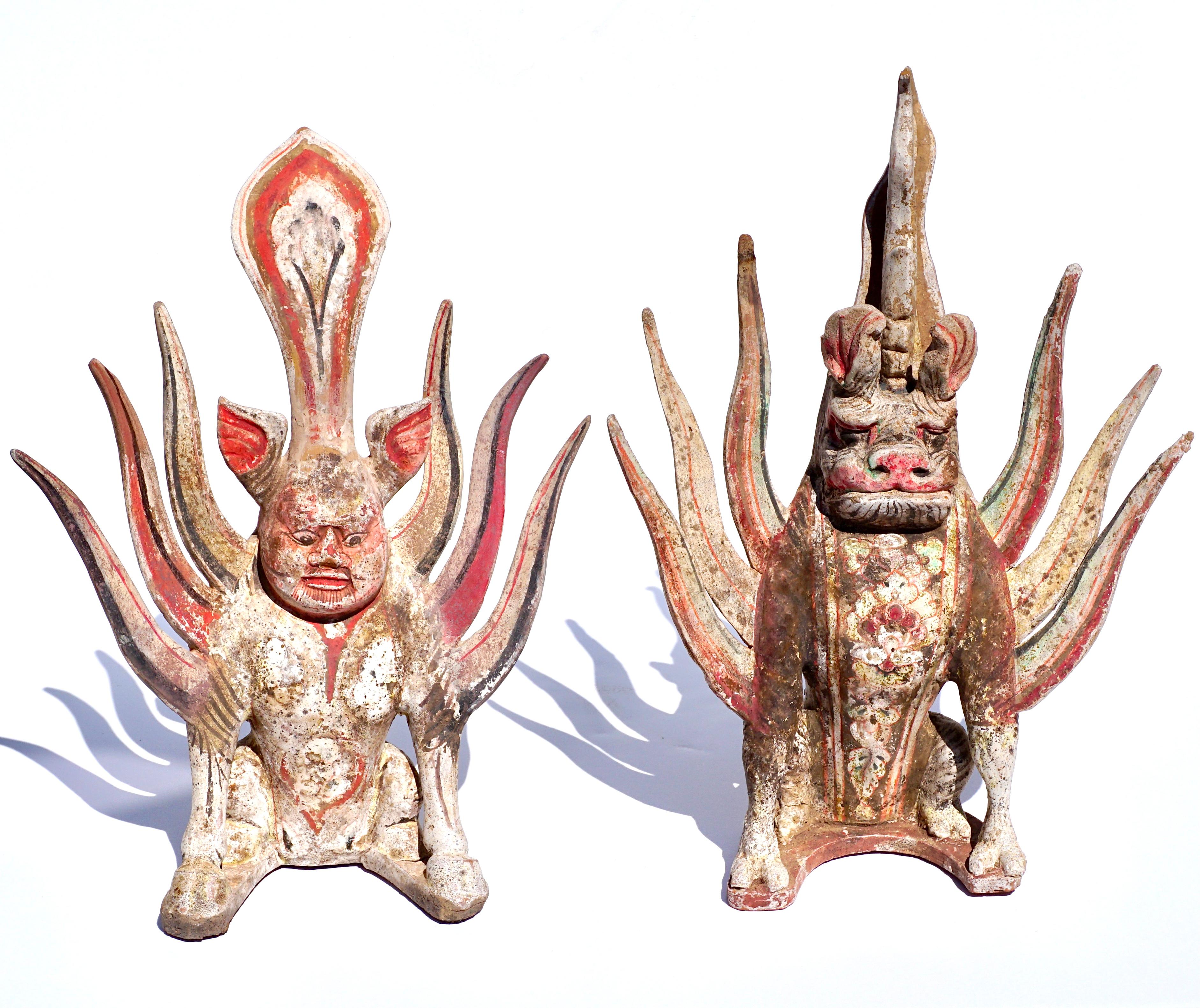 Circa (618 - 906AD) 2 (Two) Tang Dynasty tomb figures representing half human and half beasts. Beautifully polychromed at 13 and 14 inches. Comes with Certificate of Guarantee. I was going to sell them separately but wanted to keep them together