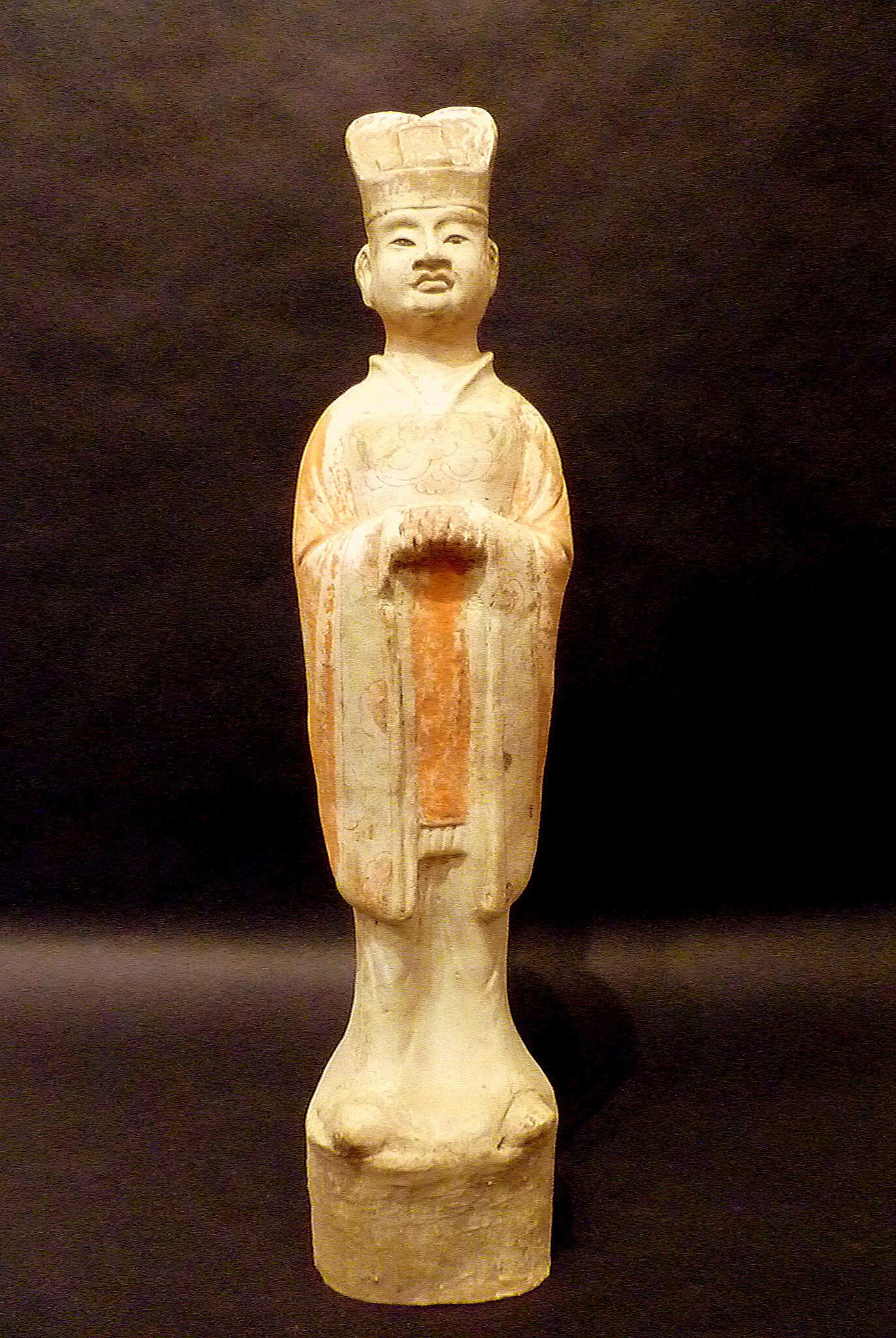 An elegant and superbly sculpted pottery statue of standing civil official, Tang dynasty 618-907, come with oxford authentication TL test certificate. Oxford TL Test sample numbers: C106t30.