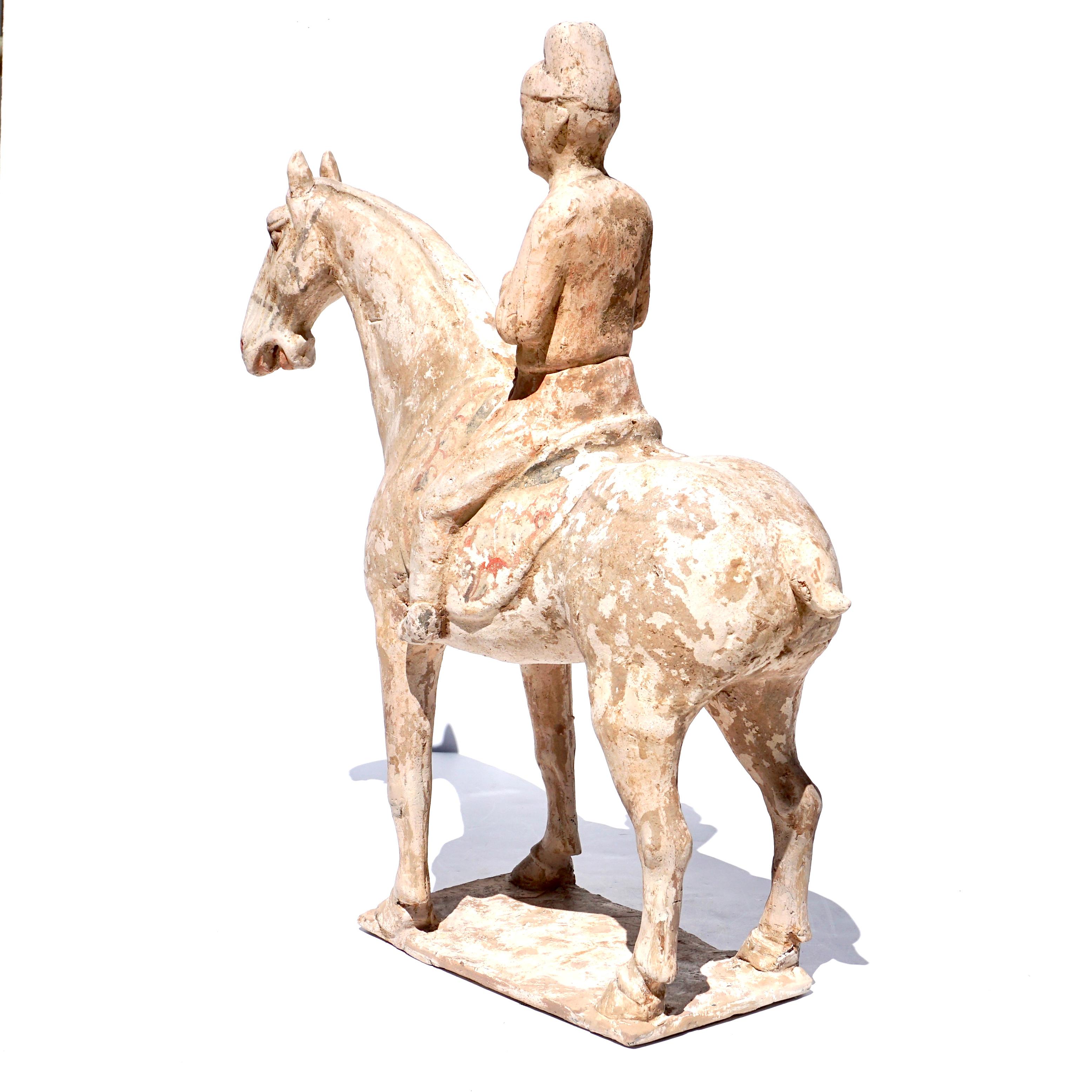 Tang Dynasty Terracotta Horse and Rider In Good Condition For Sale In Dallas, TX