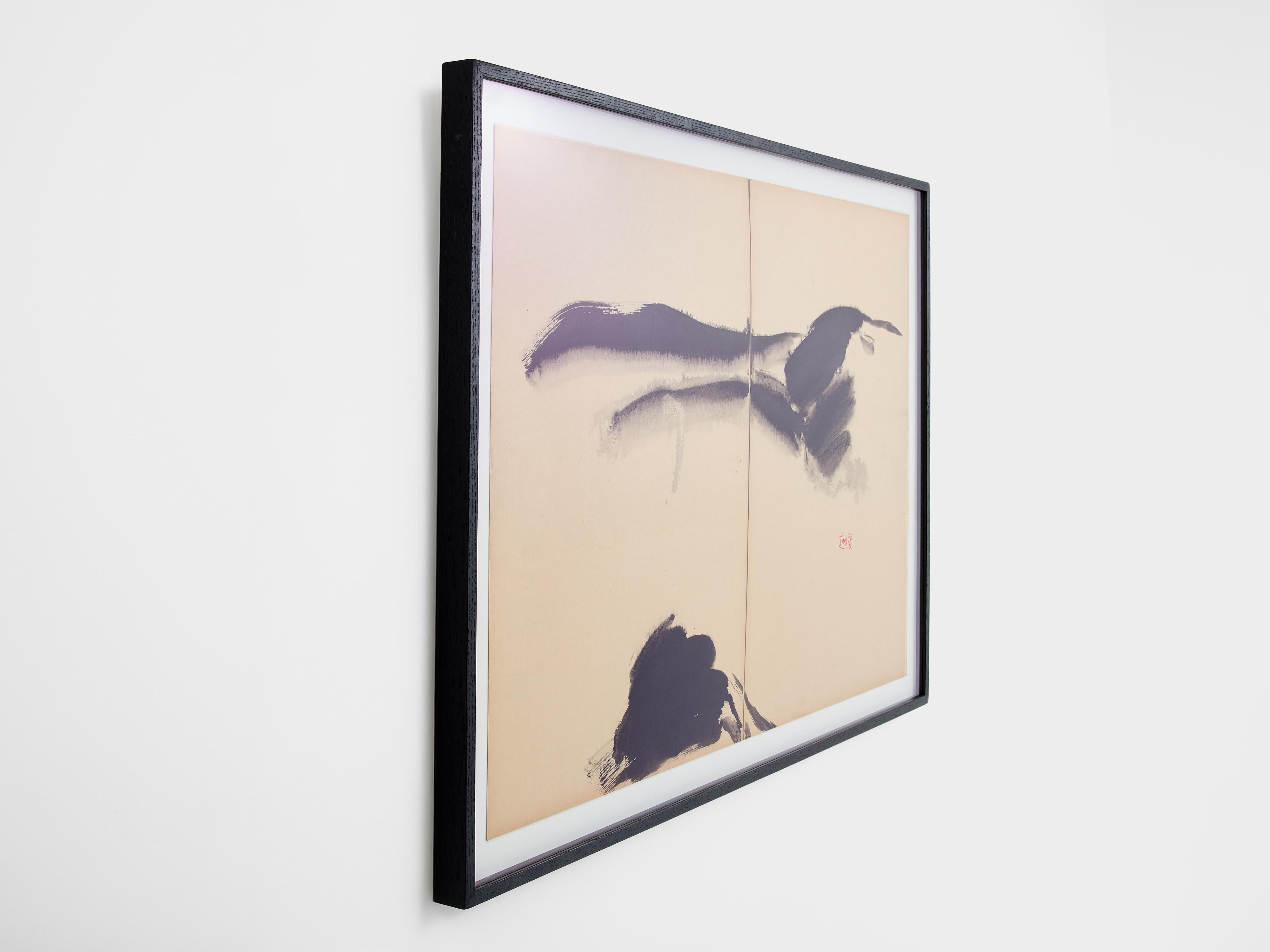 This is a soft diptych ink on kyro board beige paper by Chinese and French ink artist T’ang Haywen, signed, circa 1970. It’s been framed with a black frame and anti-UV glass. The diptych size is Height 27.55 inches x Width 39.35 inches, and the