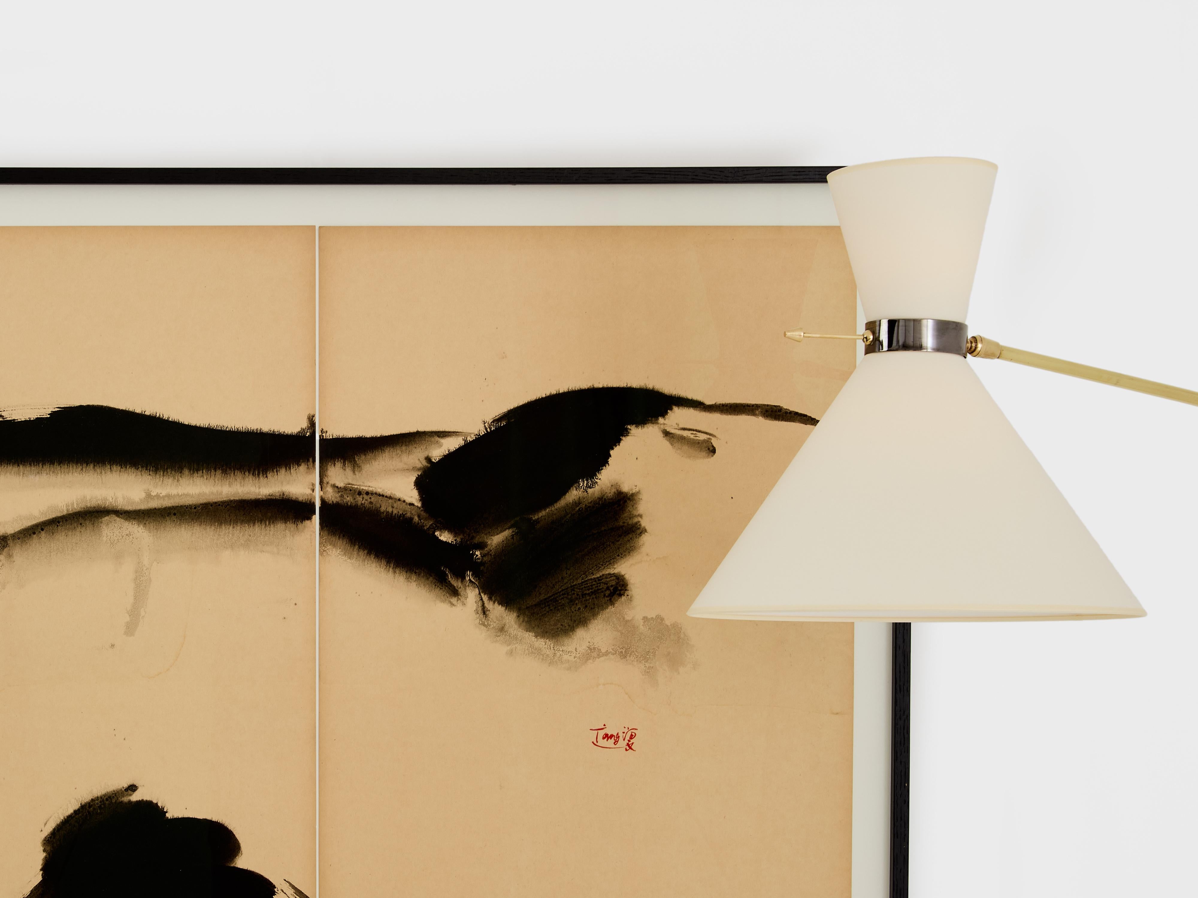 Papier T’ang Haywen signed diptych ink on beige paper 1970 en vente