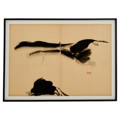 T’ang Haywen signed diptych ink on beige paper 1970