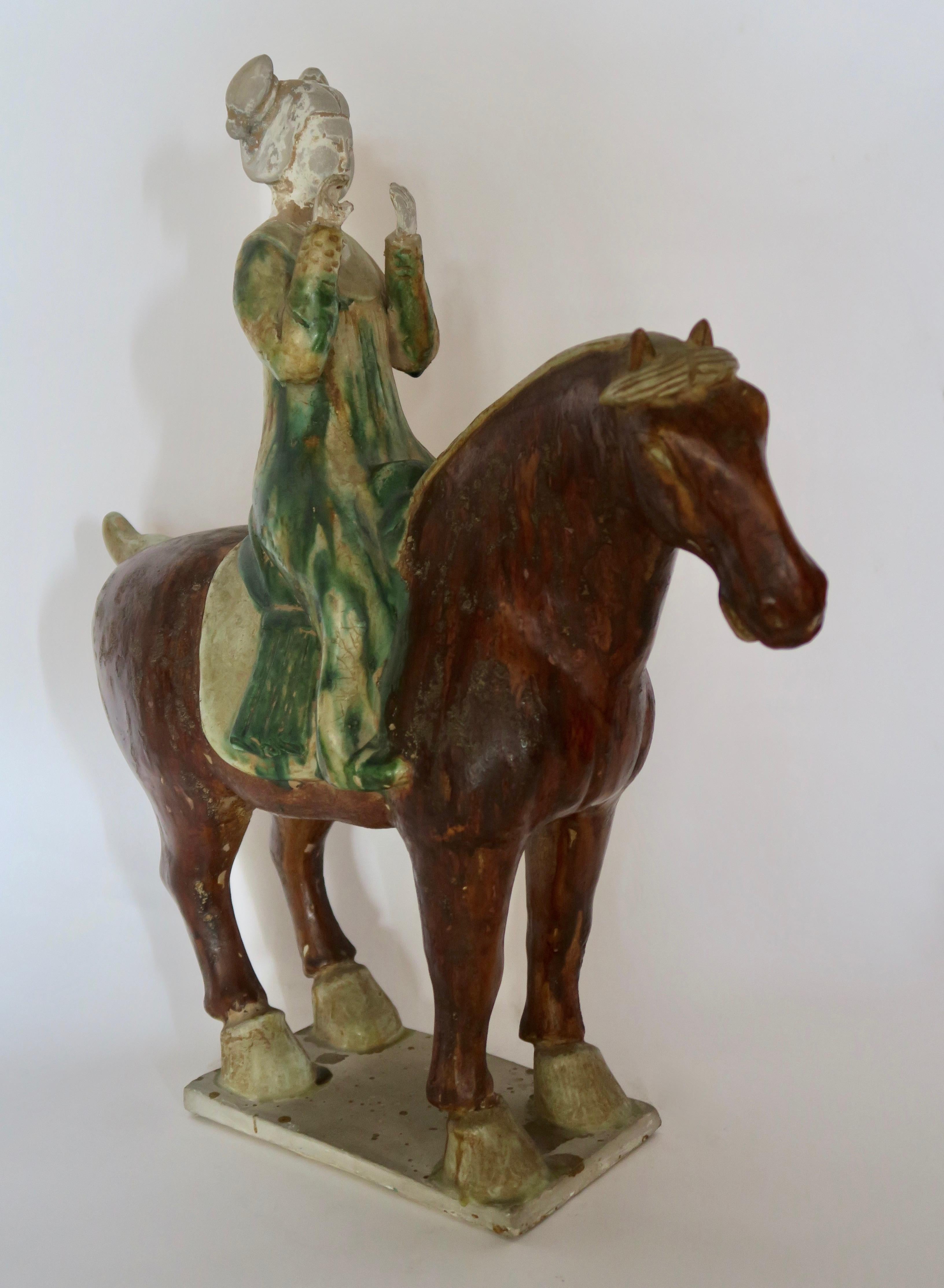 Tang Sancai Glazed Terracotta Horse with Lady Musician In Good Condition For Sale In Brussels, BE