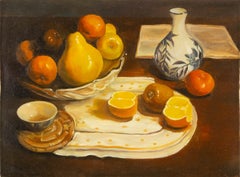 Nature morte originale à l'huile sur toile de You Si "Fruit et vase".