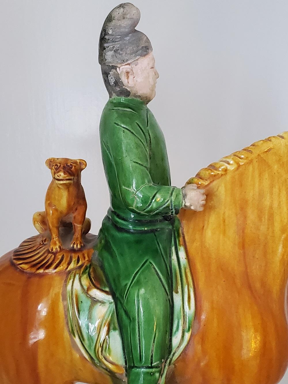 Tang Style Sencai Glazed Funerary or Tomb Pottery, Hunter on Horse with Dog For Sale 5