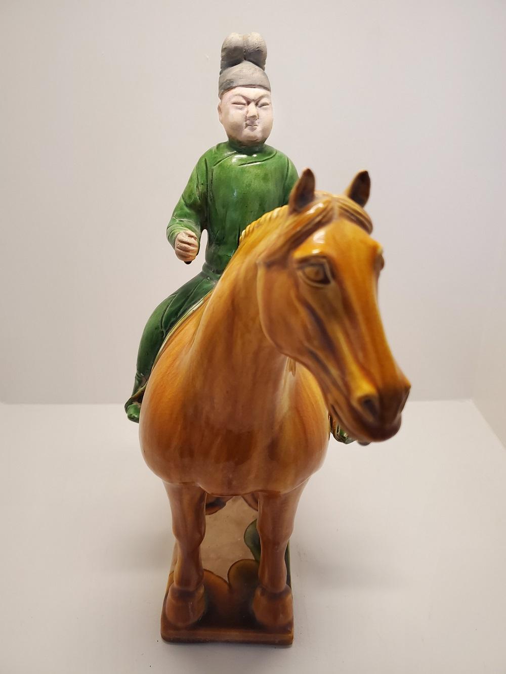 Chinese Tang Style Sencai Glazed Funerary or Tomb Pottery, Hunter on Horse with Dog For Sale