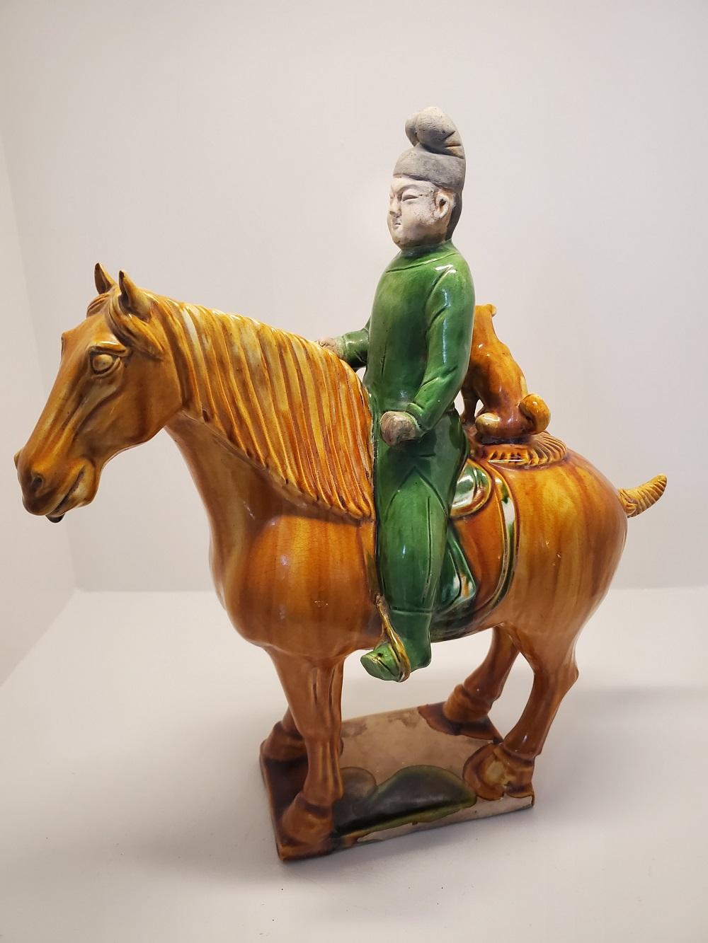 Carved Tang Style Sencai Glazed Funerary or Tomb Pottery, Hunter on Horse with Dog For Sale