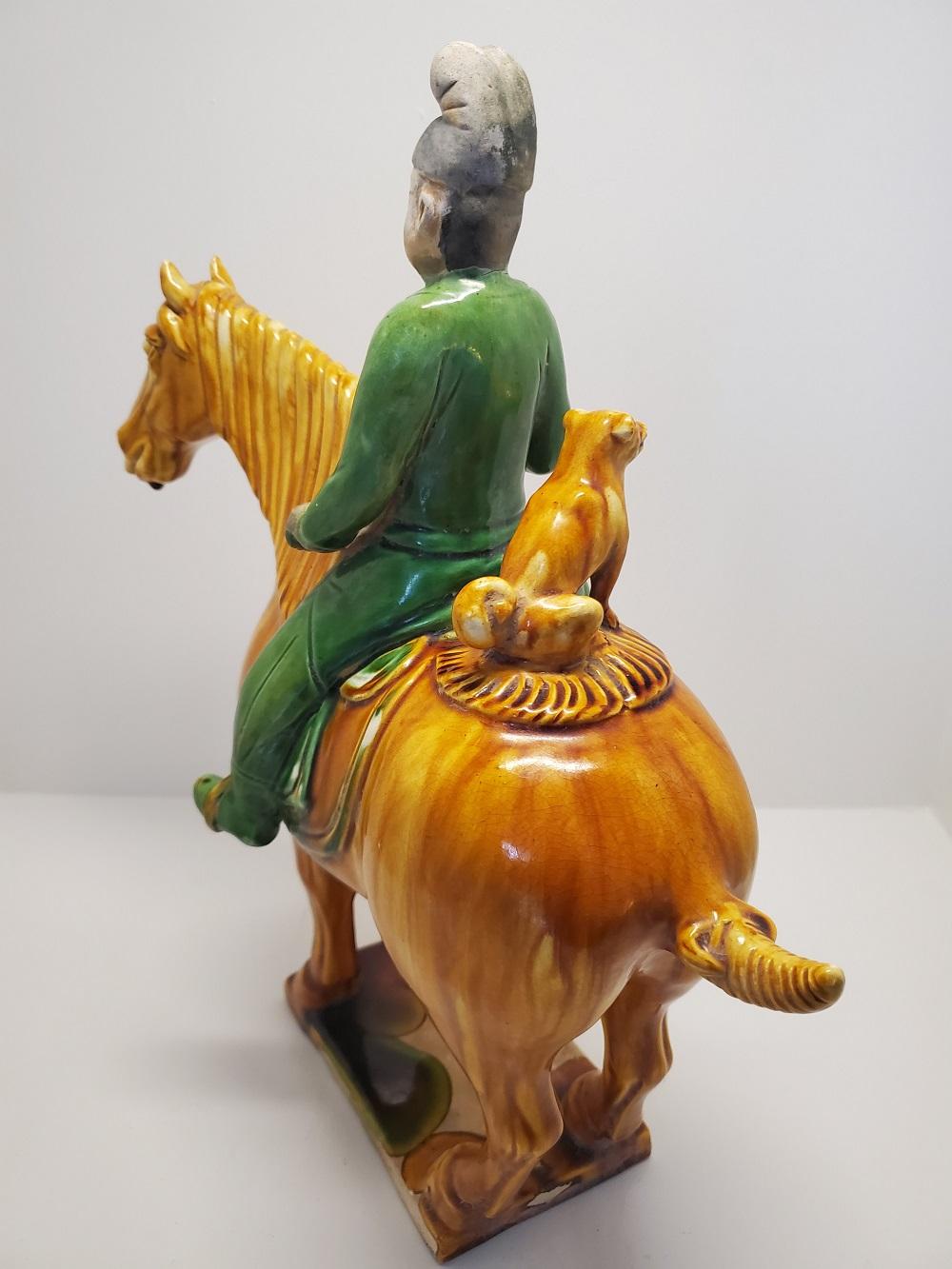 Tang Style Sencai Glazed Funerary or Tomb Pottery, Hunter on Horse with Dog In Fair Condition For Sale In Nova Scotia, NS
