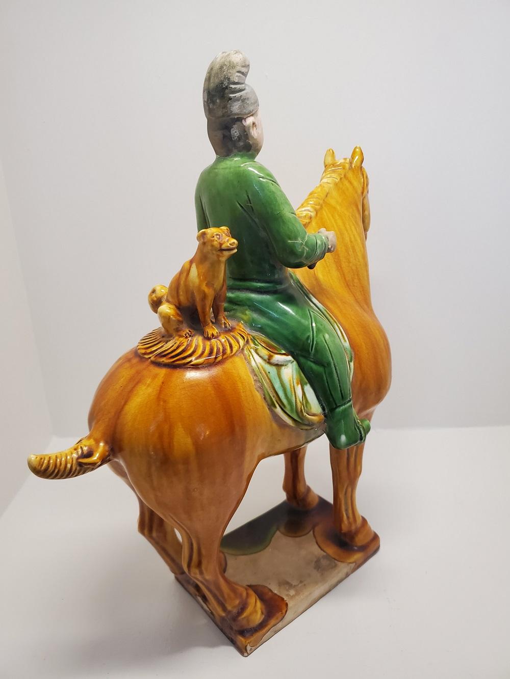 Copper Tang Style Sencai Glazed Funerary or Tomb Pottery, Hunter on Horse with Dog For Sale