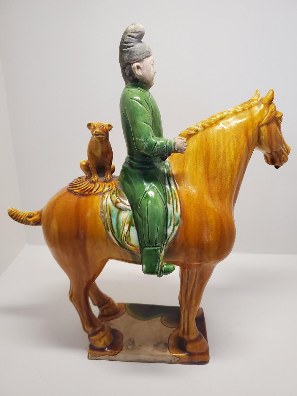 Ceramic Tang Style Sencai Glazed Funerary or Tomb Pottery, Hunter on Horse with Dog For Sale