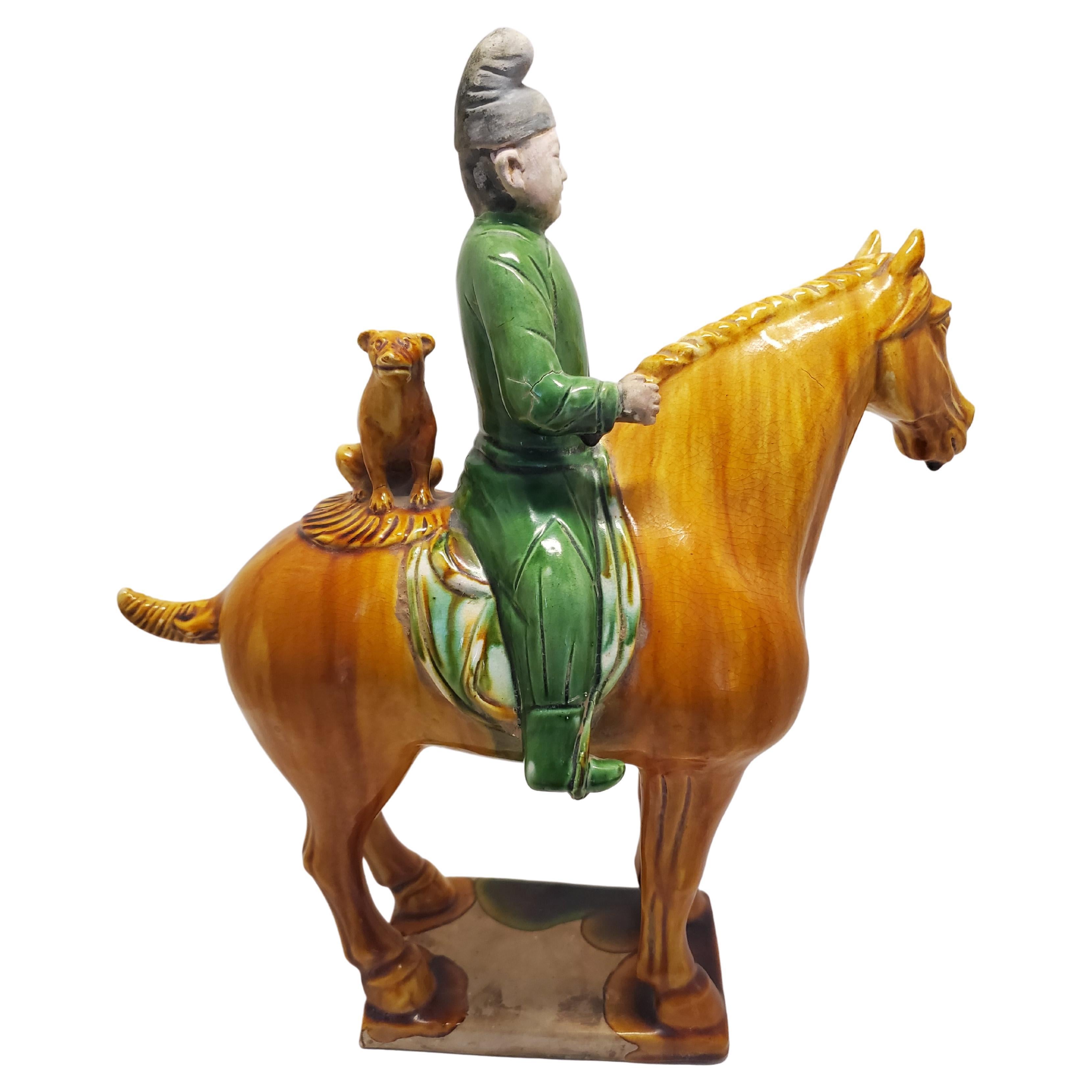 Tang Style Sencai Glazed Funerary or Tomb Pottery, Hunter on Horse with Dog For Sale