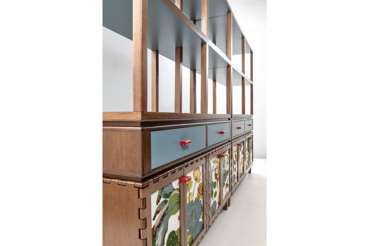 Tangara fabric panels sideboard by Luis Pons
Dimensions: W 274.5 x D 44 x H 213.5 cm
Materials: Walnut, hand-crafted

Also available in different colors

Tangara envisions a new meaning for the wood hinge, a feature that was previously crafted