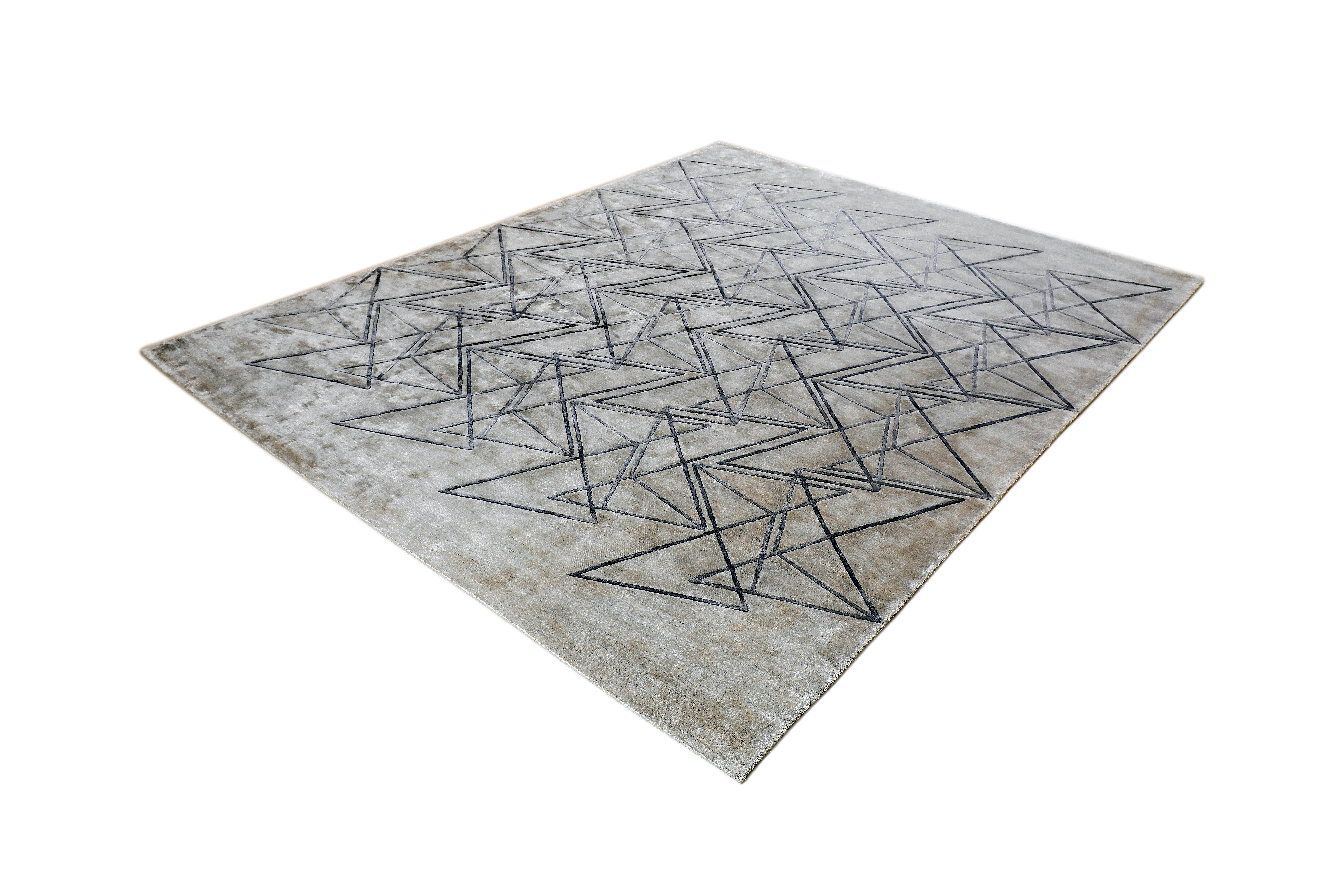 Hand-Knotted TANGENT Hand Knotted Modern Geometric Silk Rug in Grey Blue Colour By Hands For Sale