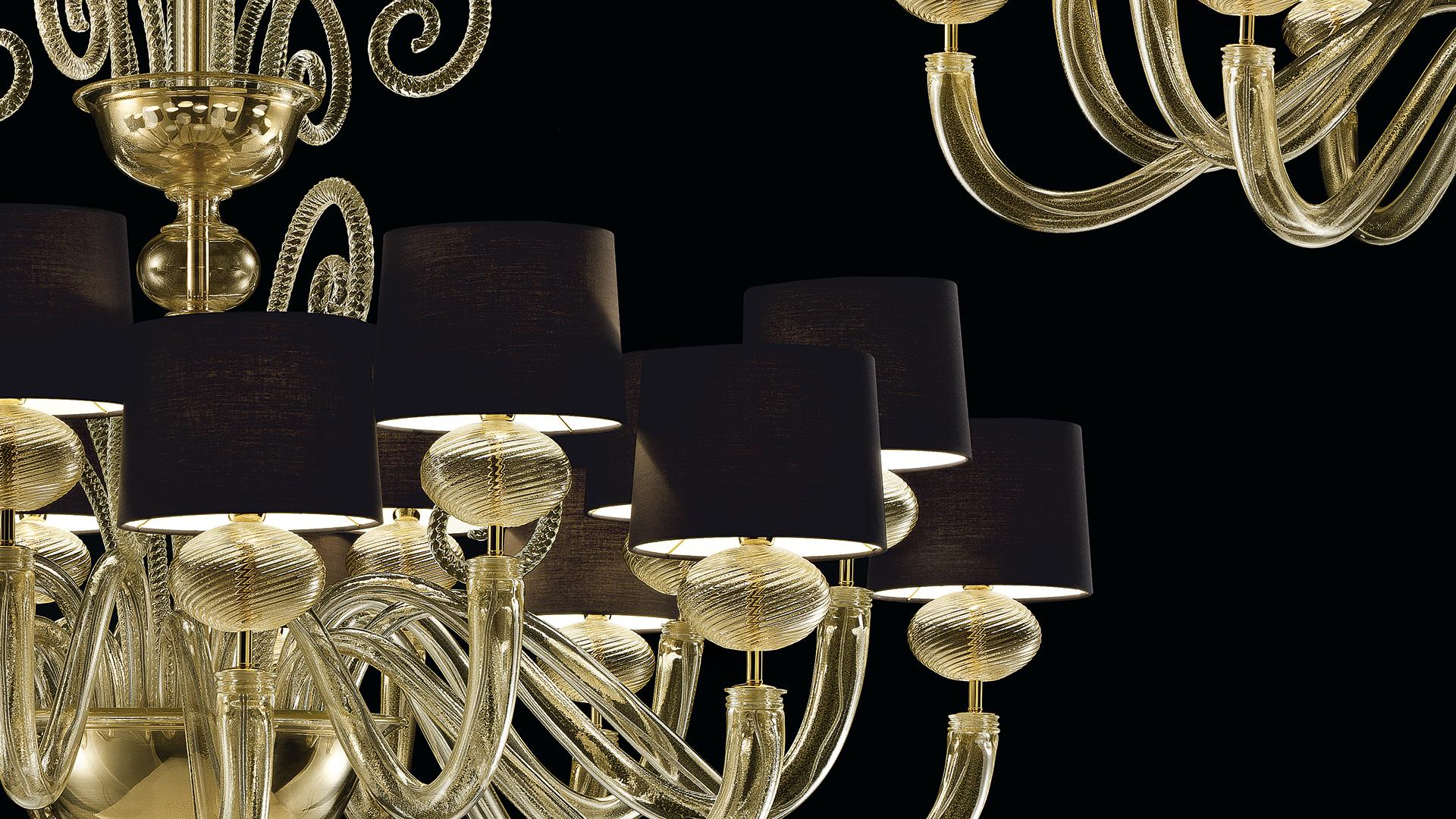 Modern Tangeri 5604 16 Chandelier in Gold Glass with Black Shade, by Barovier&Toso