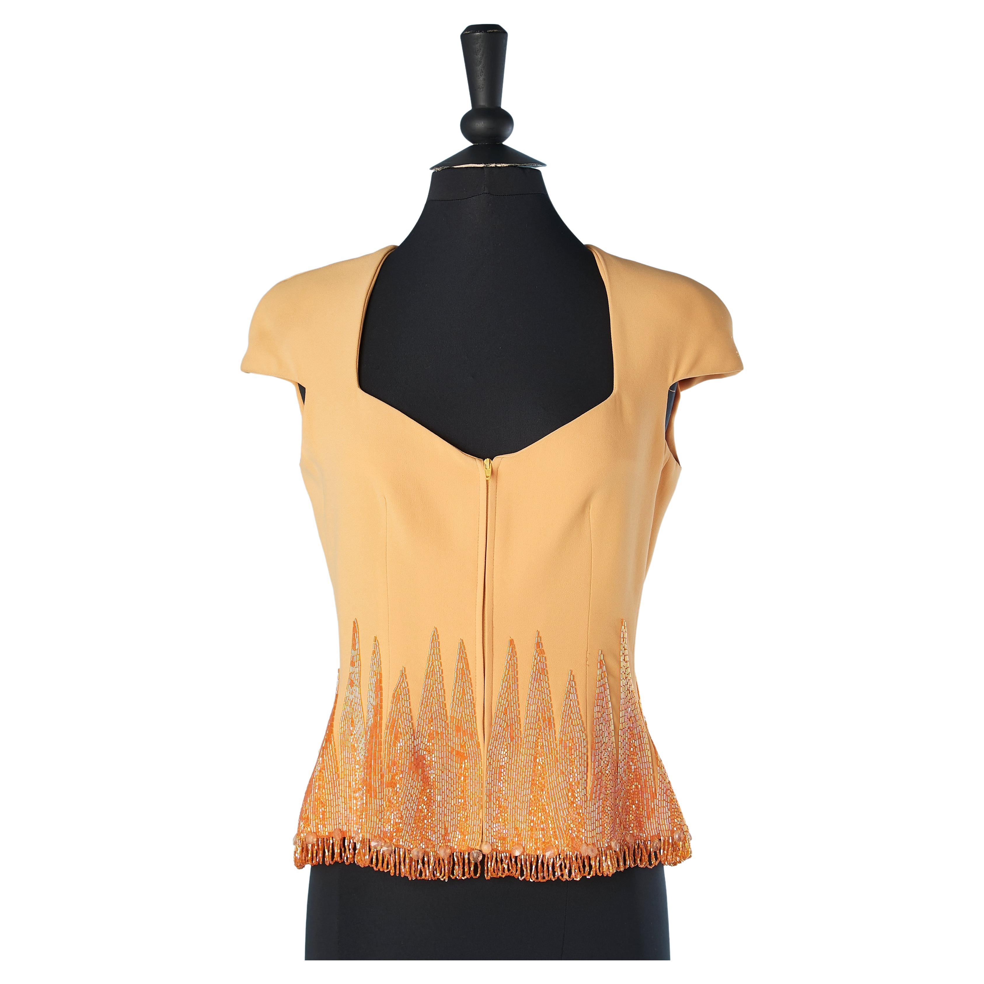 Tangerine crêpe evening top with zip and beaded work Gai Mattiolo For Sale