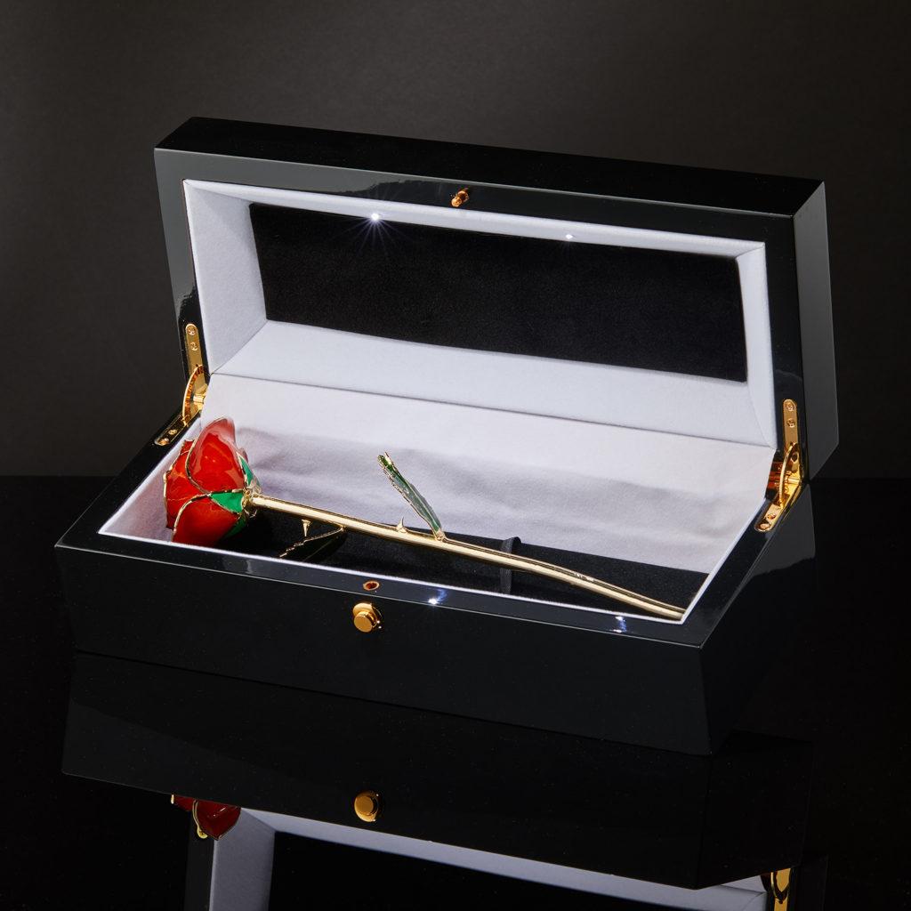 Women's or Men's Tangerine Dream, Glossy Lacquer Real Rose in 24k Gold with LED Display For Sale