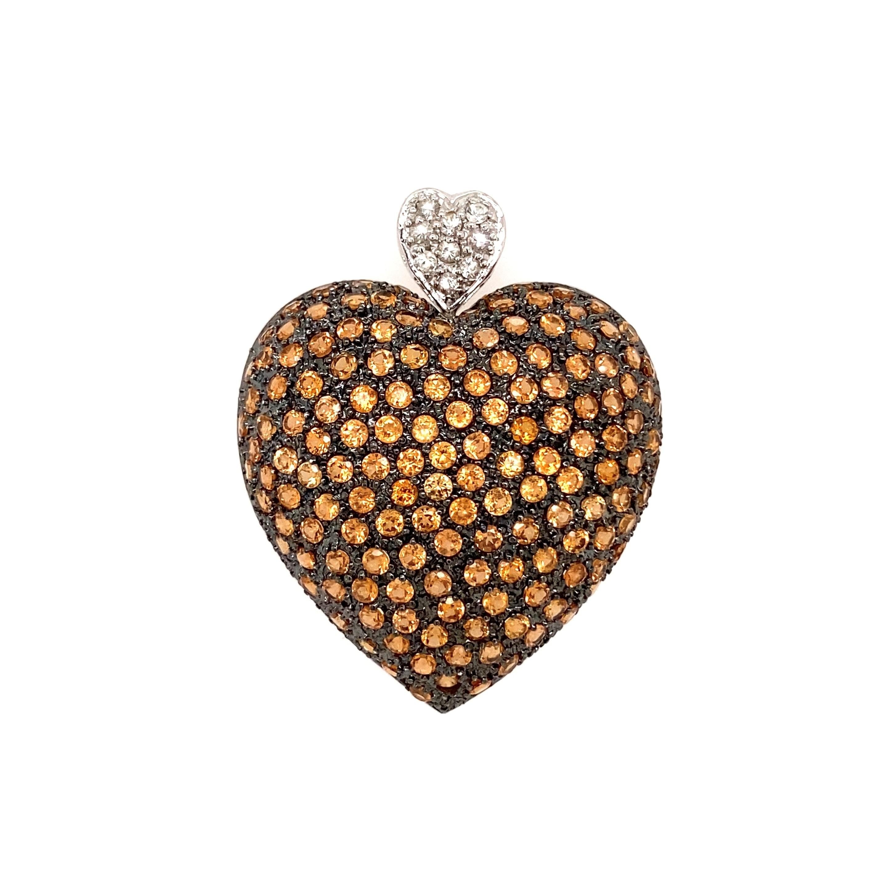 Round Cut Tangerine Garnet and White Sapphire Vintage Gold Heart Pendant For Sale