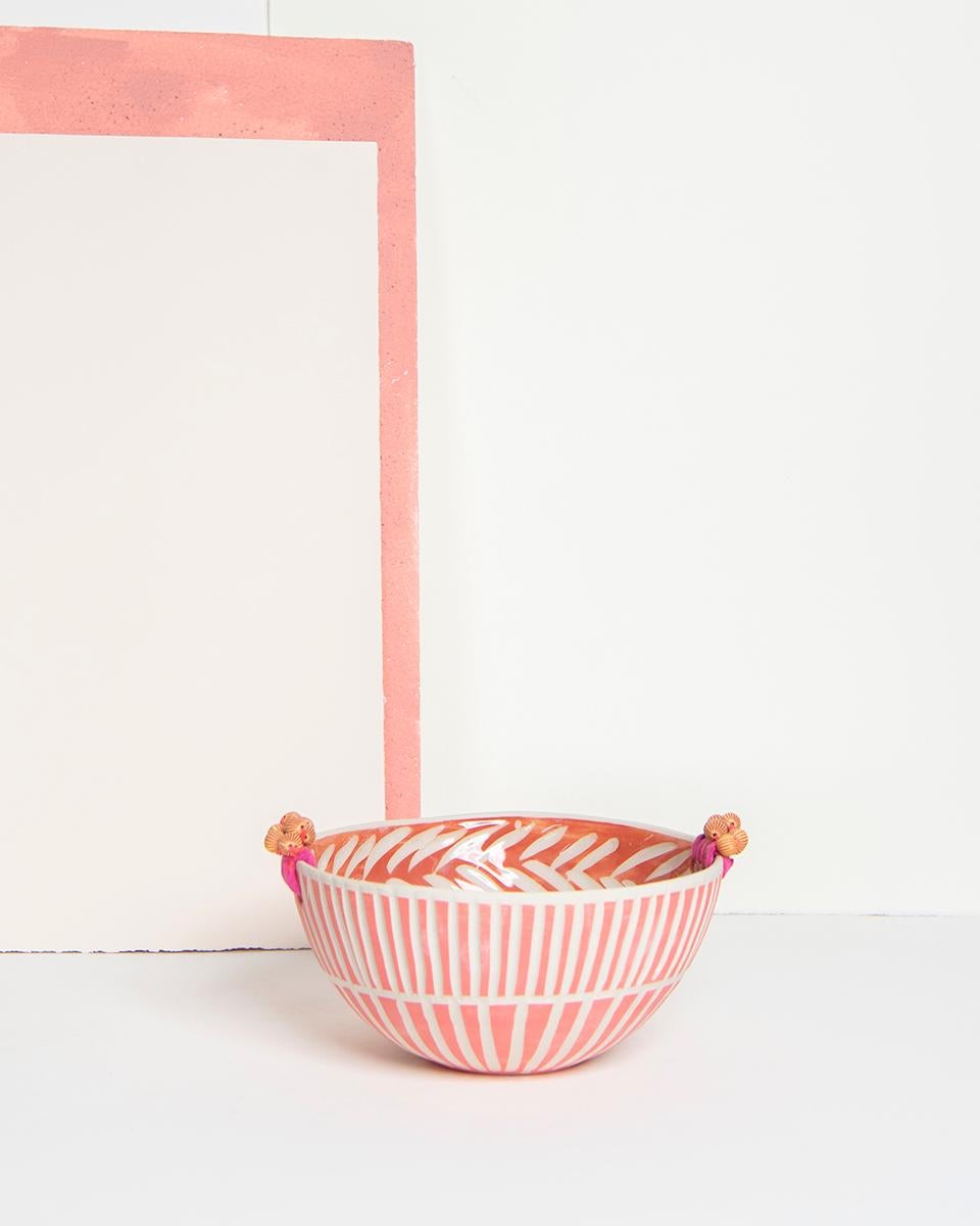 Rustic Tangerine Orange Whimsical Handmade Striped Ceramic Bowl For Sale