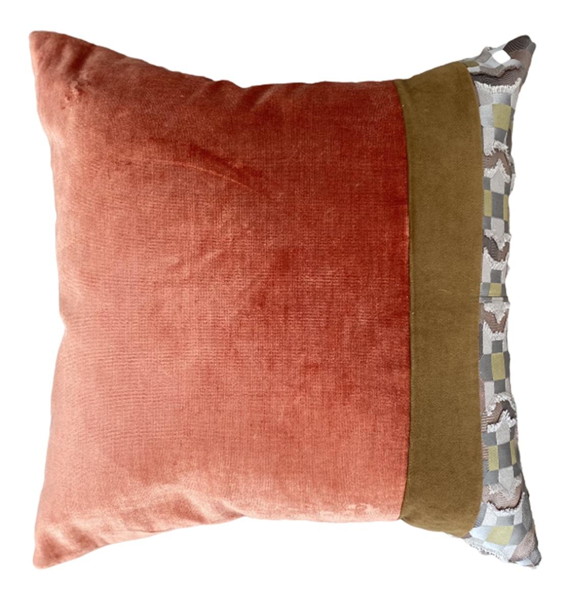 American Tangerine Velvet with Saddle Brown Velvet Accent and Grey Silk Feature Fabric For Sale