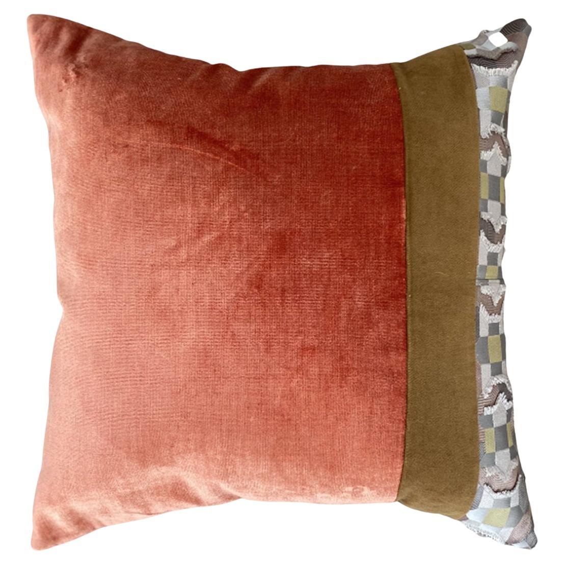 Tangerine Velvet with Saddle Brown Velvet Accent and Grey Silk Feature Fabric For Sale