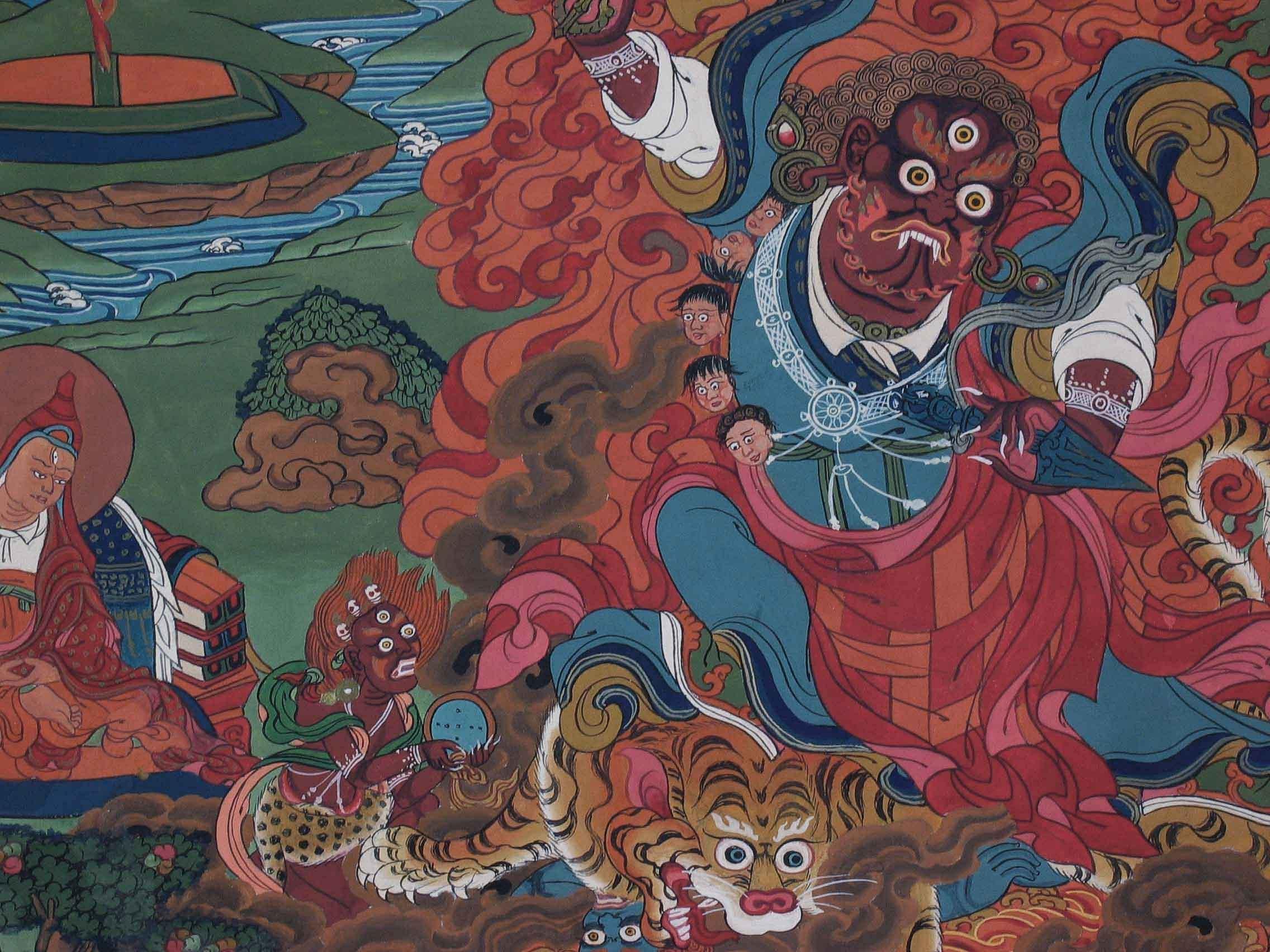 Tibétain Peinture Tangka des manifestations de Padmasambhava Tibet, 20e siècle  en vente