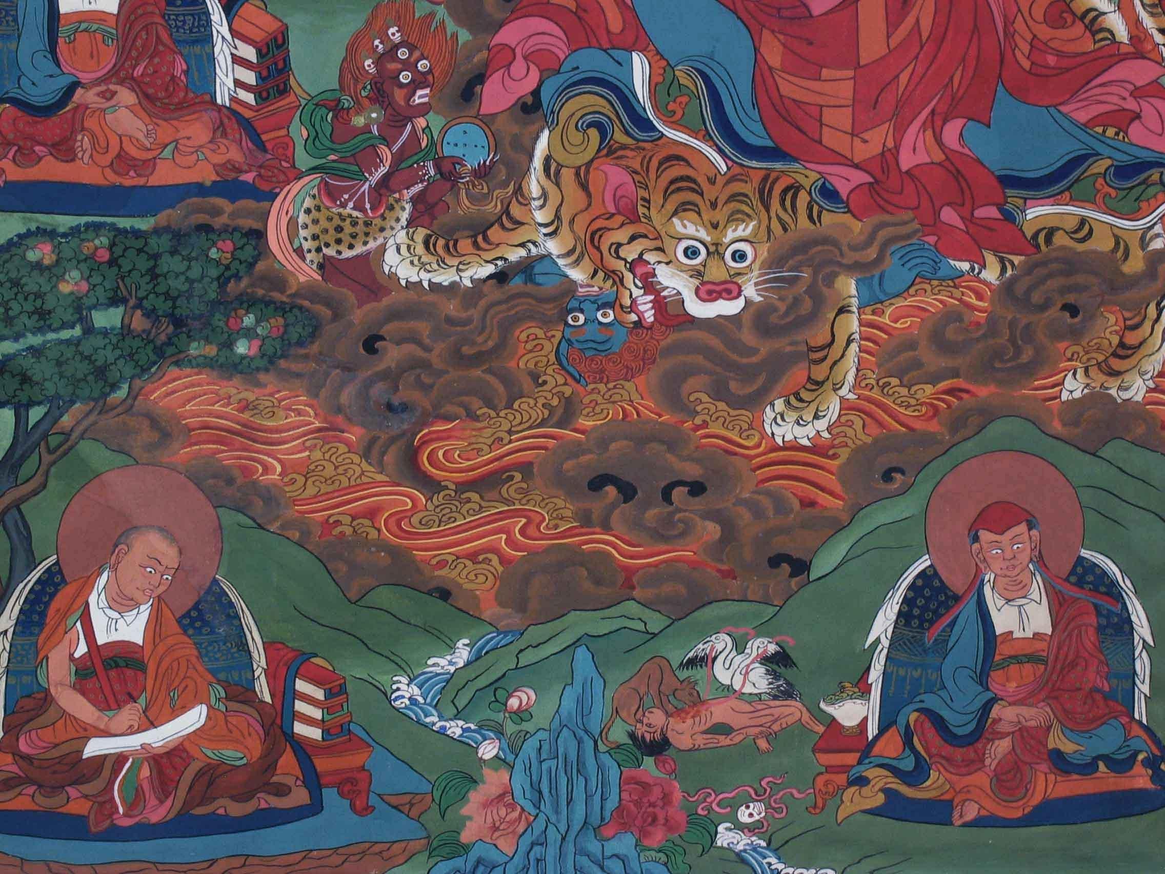Fait main Peinture Tangka des manifestations de Padmasambhava Tibet, 20e siècle  en vente