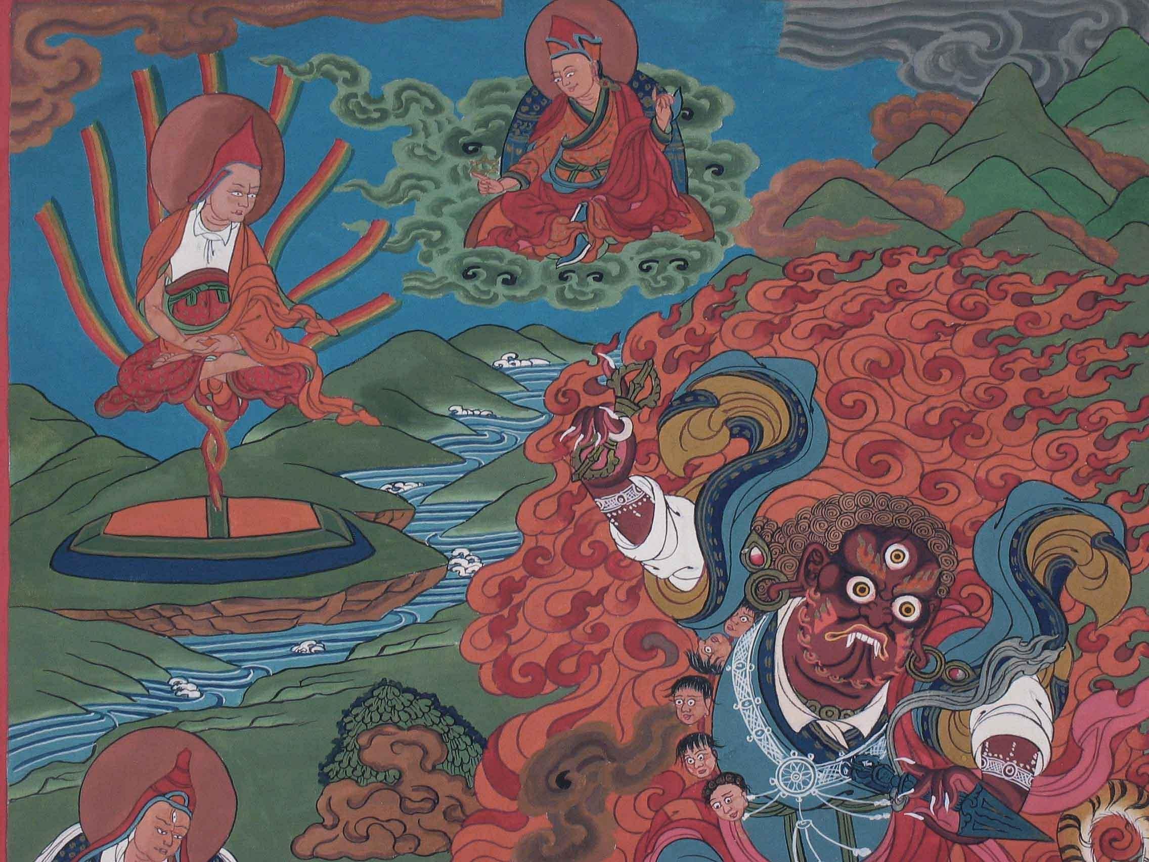 Peinture Tangka des manifestations de Padmasambhava Tibet, 20e siècle  Bon état - En vente à Ottawa, Ontario