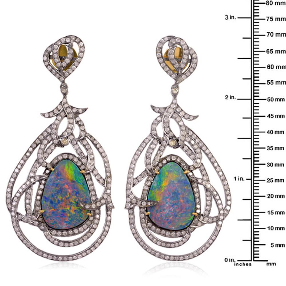 Mixed Cut Tangled Opal Doublet Earring in Pave Dimaond Set Made in 18k Gold & Silver For Sale