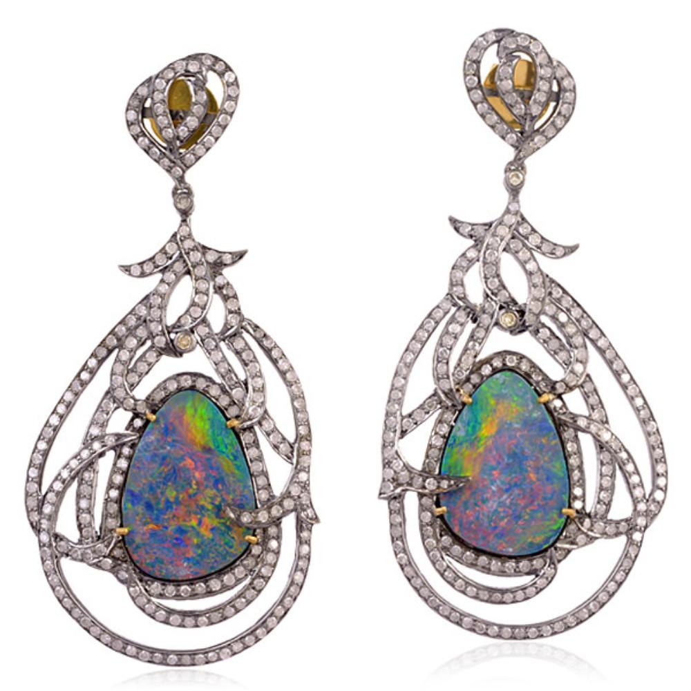 Tangled Opal Doublet Earring in Pave Dimaond Set Made in 18k Gold & Silver In New Condition For Sale In New York, NY