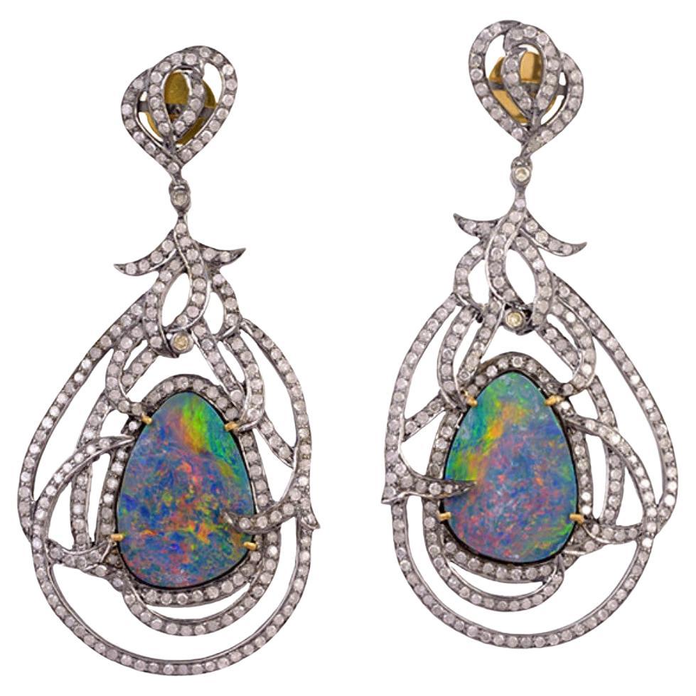 Tangled Opal Doublet Earring in Pave Dimaond Set Made in 18k Gold & Silver For Sale